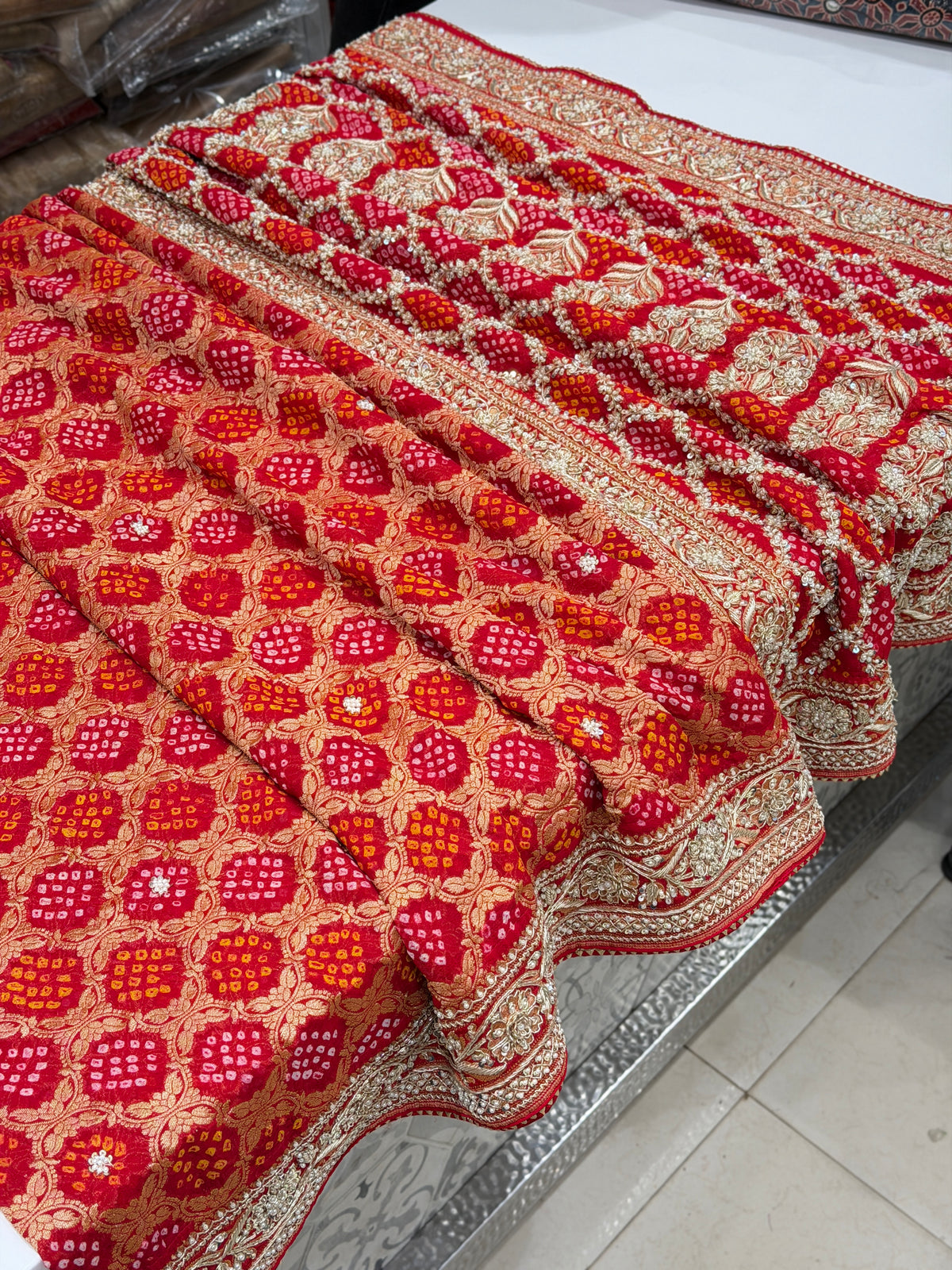 Red Rai Bandhej Georgette Saree Zardosi Hand Embroidery Saree