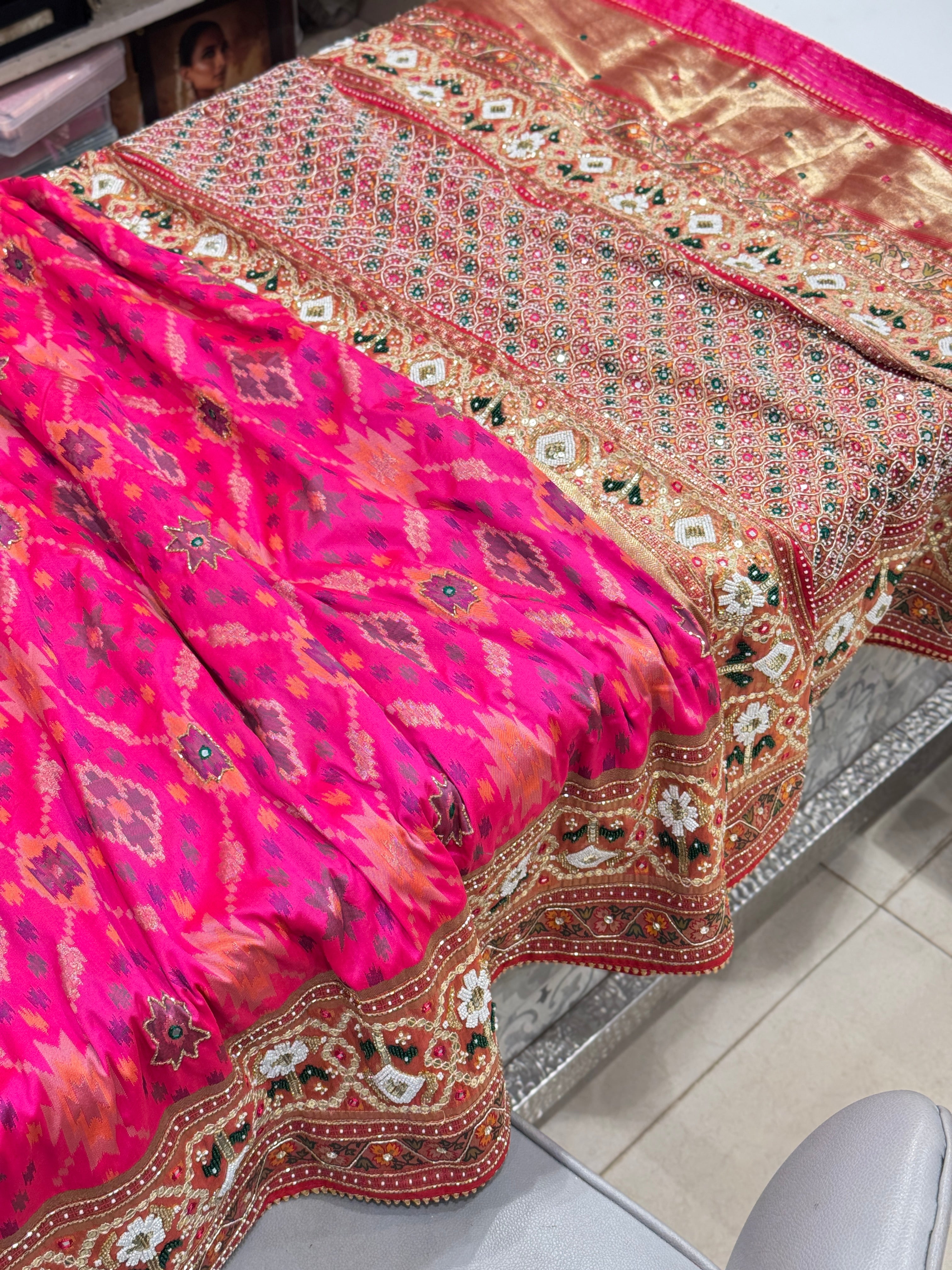 Rani Patola Kutchi Moti Embroidery Saree