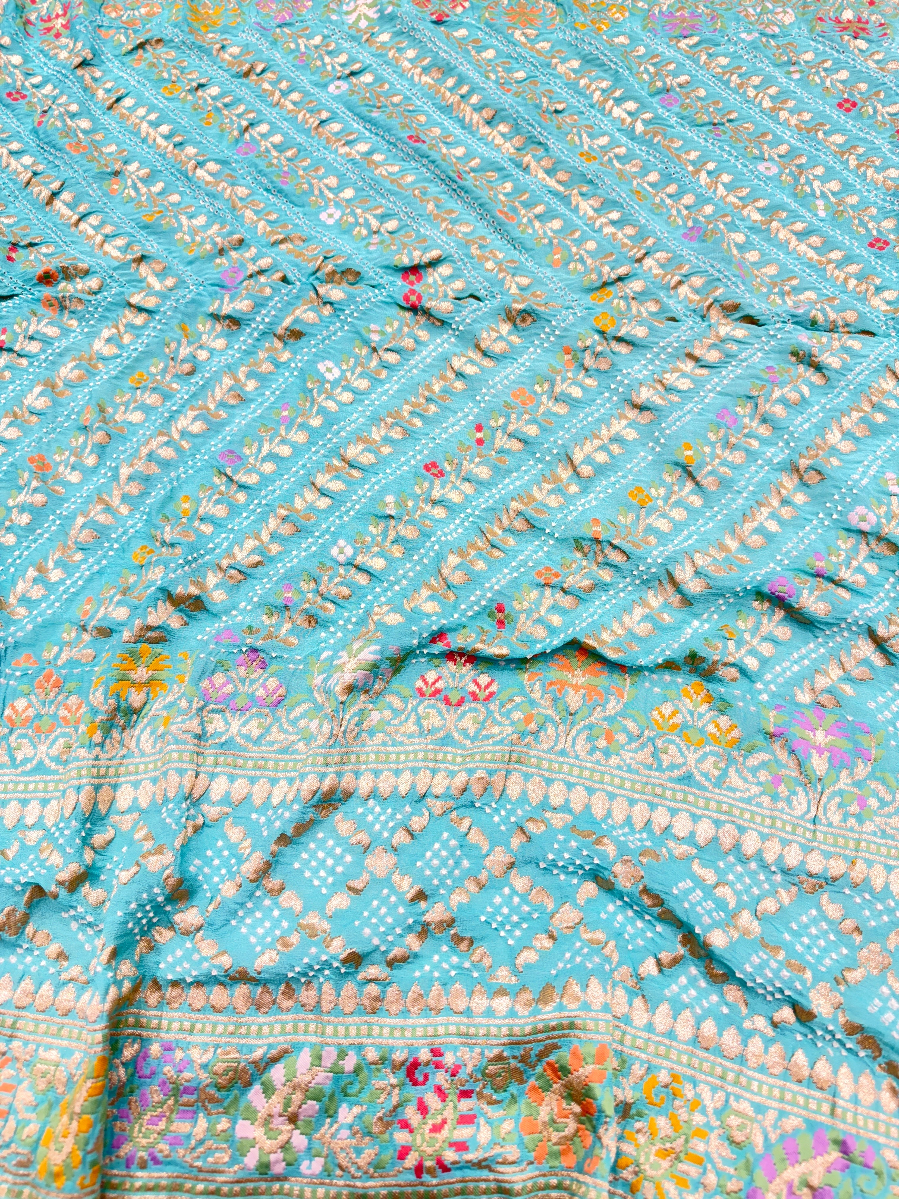 Light Blue Double Border Meenakari Rai Bandhej Georgette Bandhini Saree