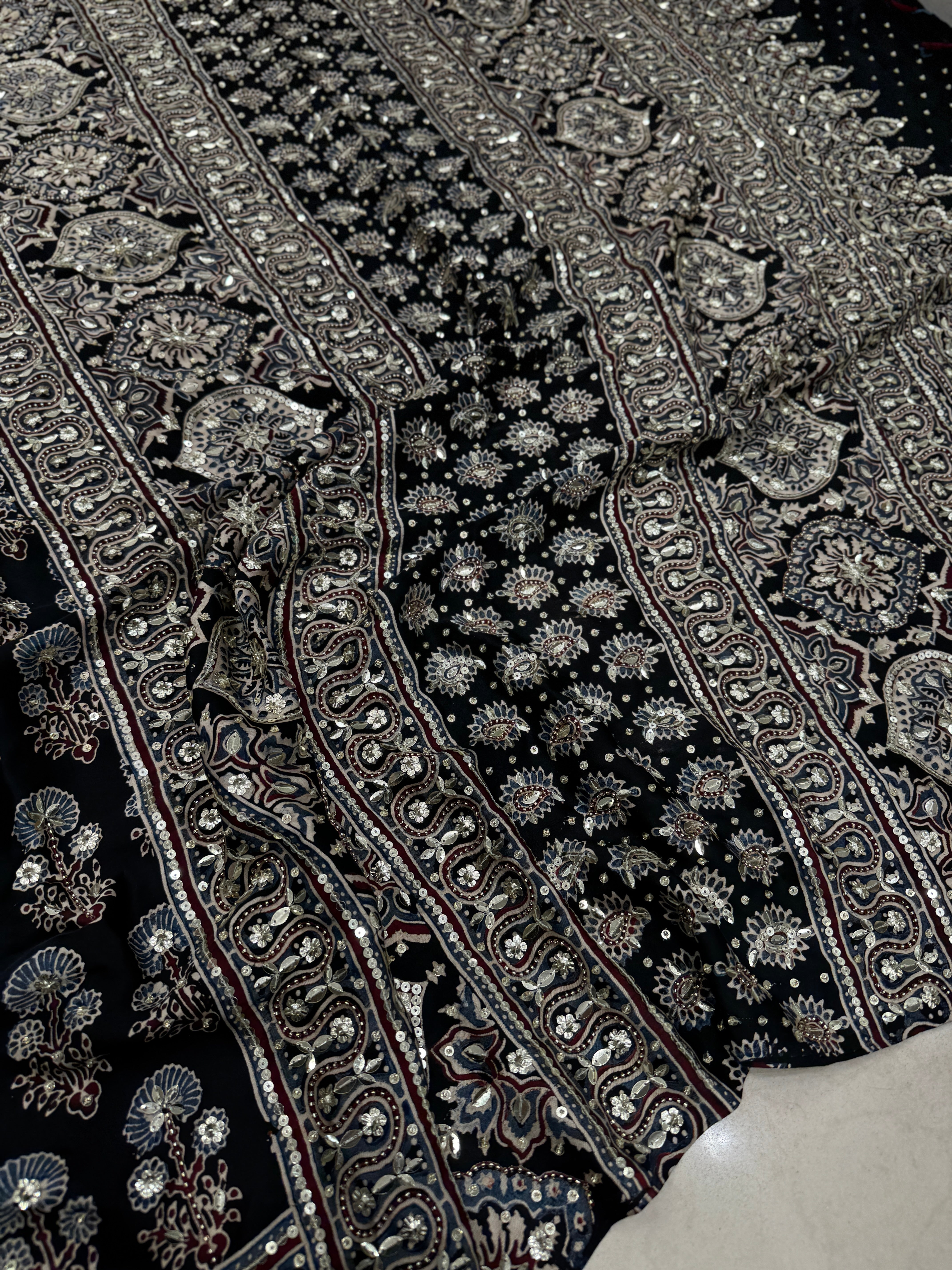 Black Floral Buttas Sequin Ajrakh Hand Embroidery Saree