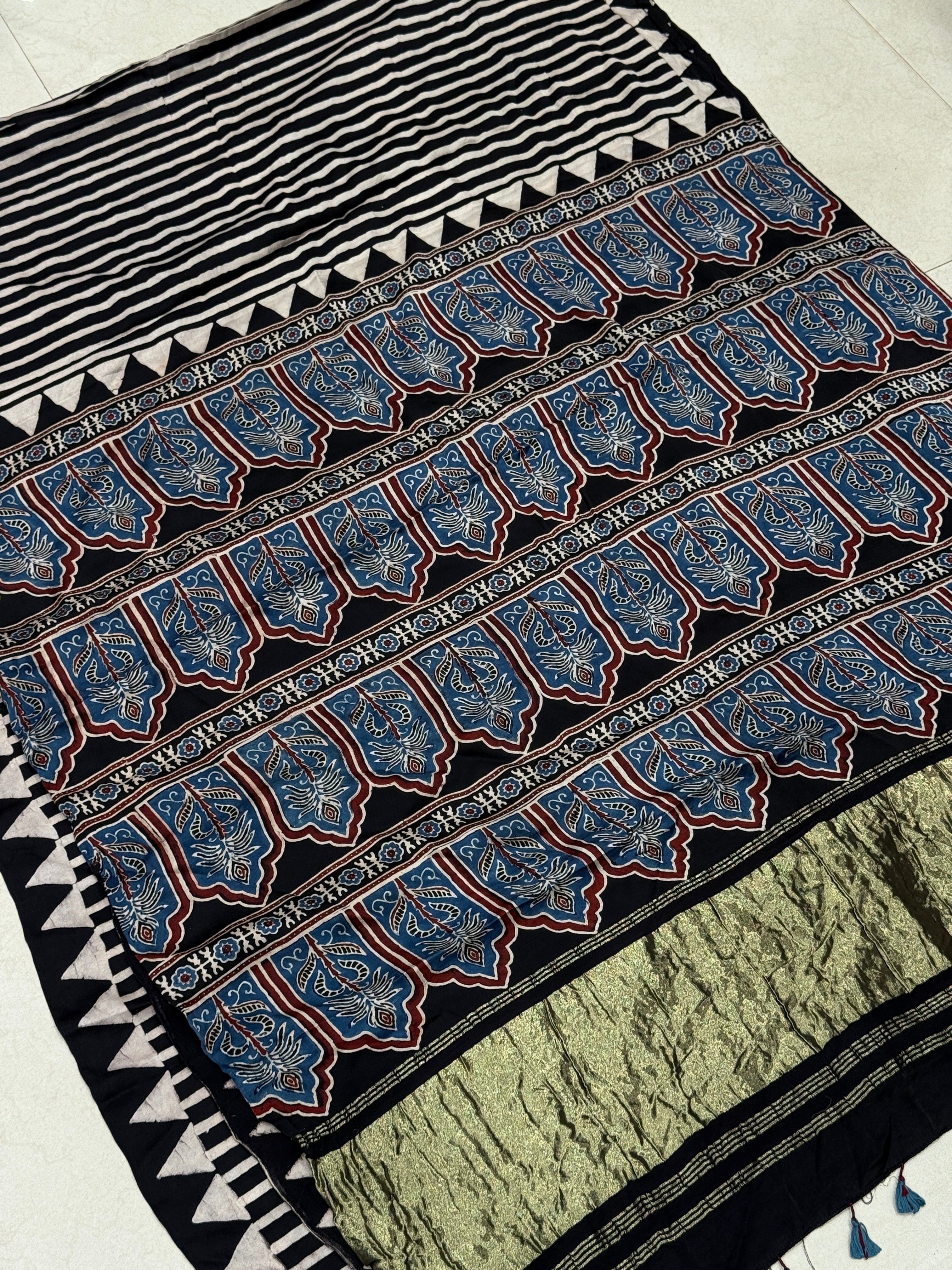 Black n White Lagdi Pata Ajrakh Hand Block Print Pure Gajji Silk Saree
