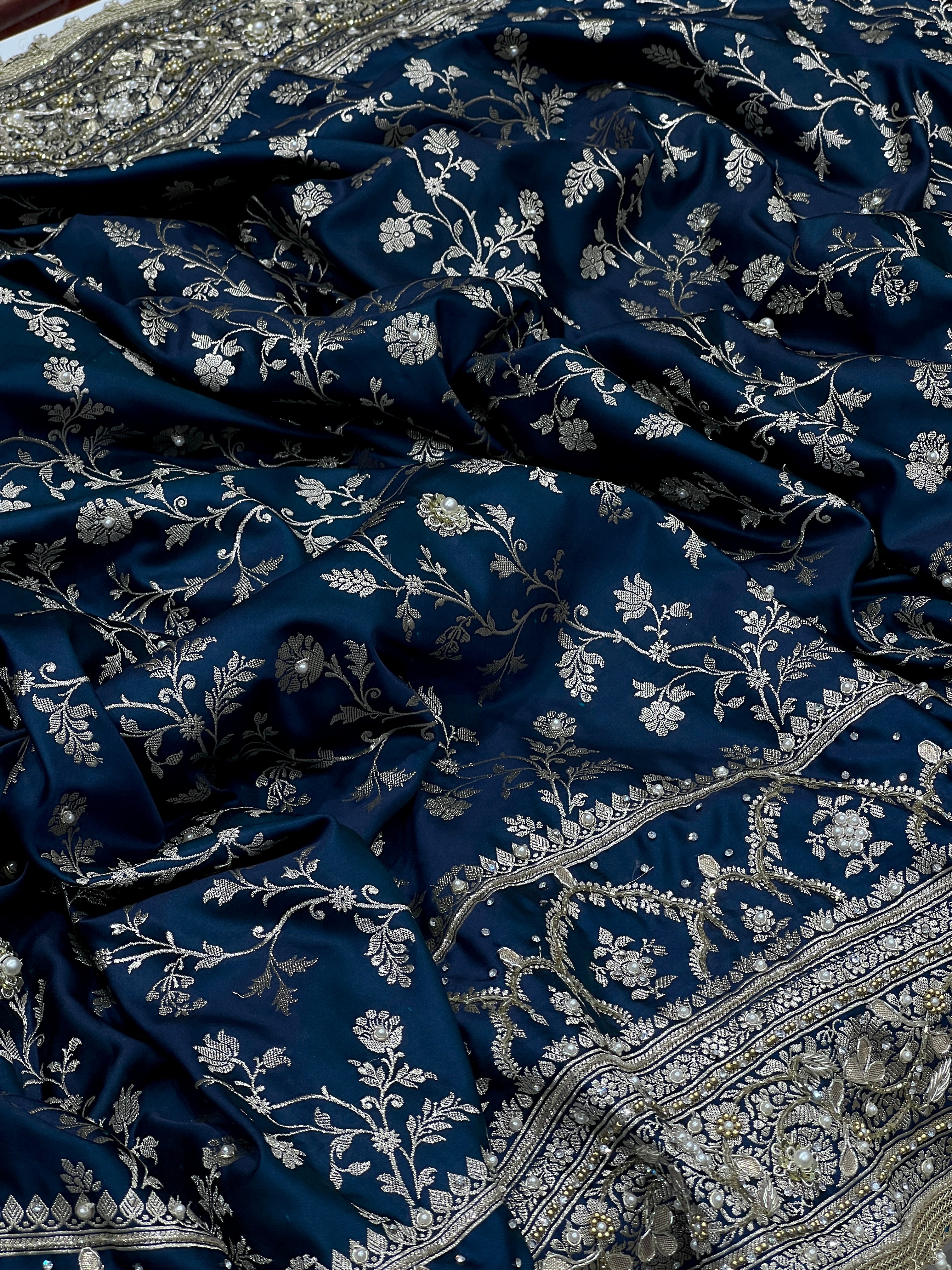 Blue Banarasi Silk Crown Border Hand Embroidery Saree