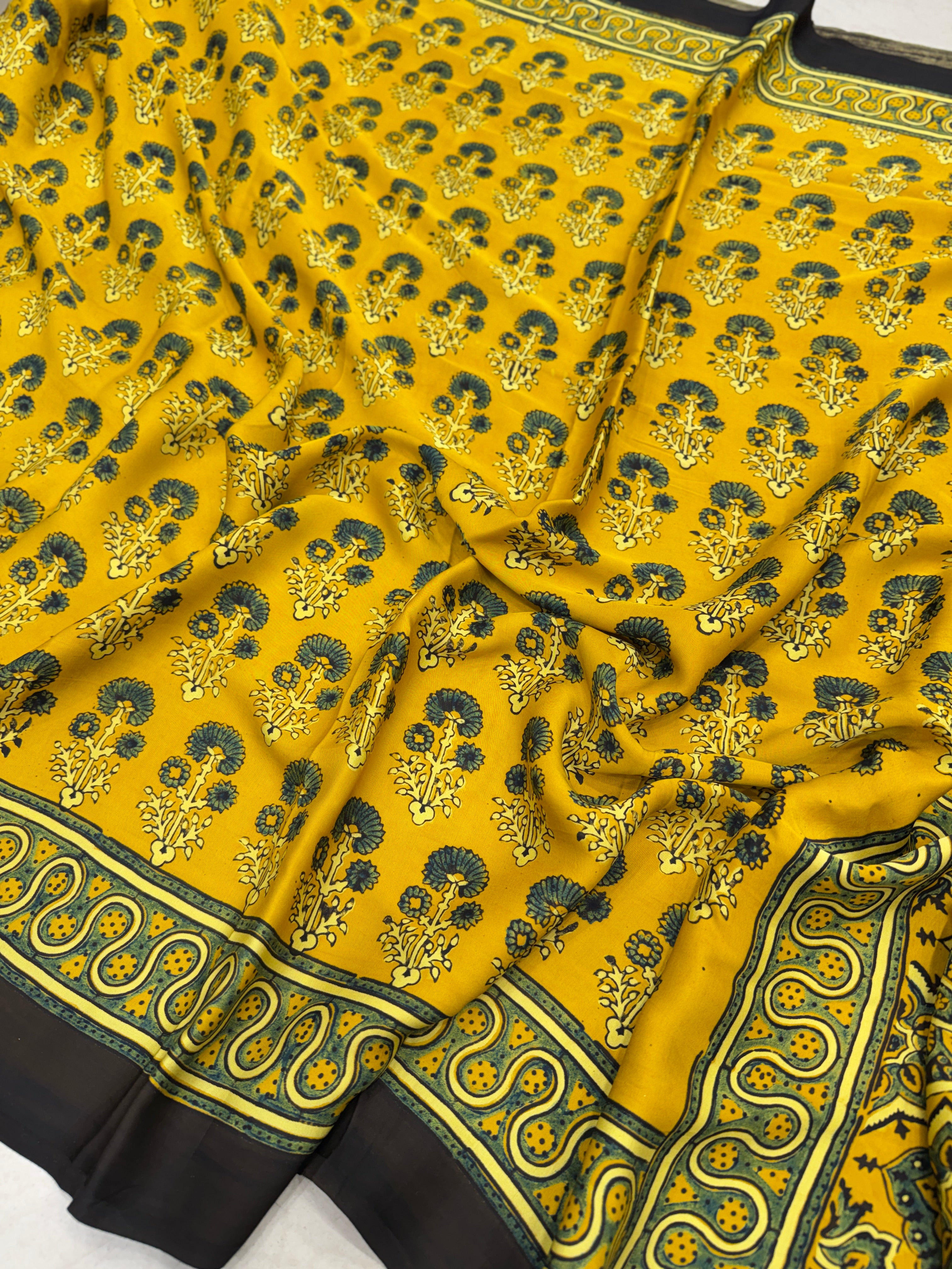 Yellow Floral Buttas Ajrakh Saree Modal Gajji Silk Hand Block Print