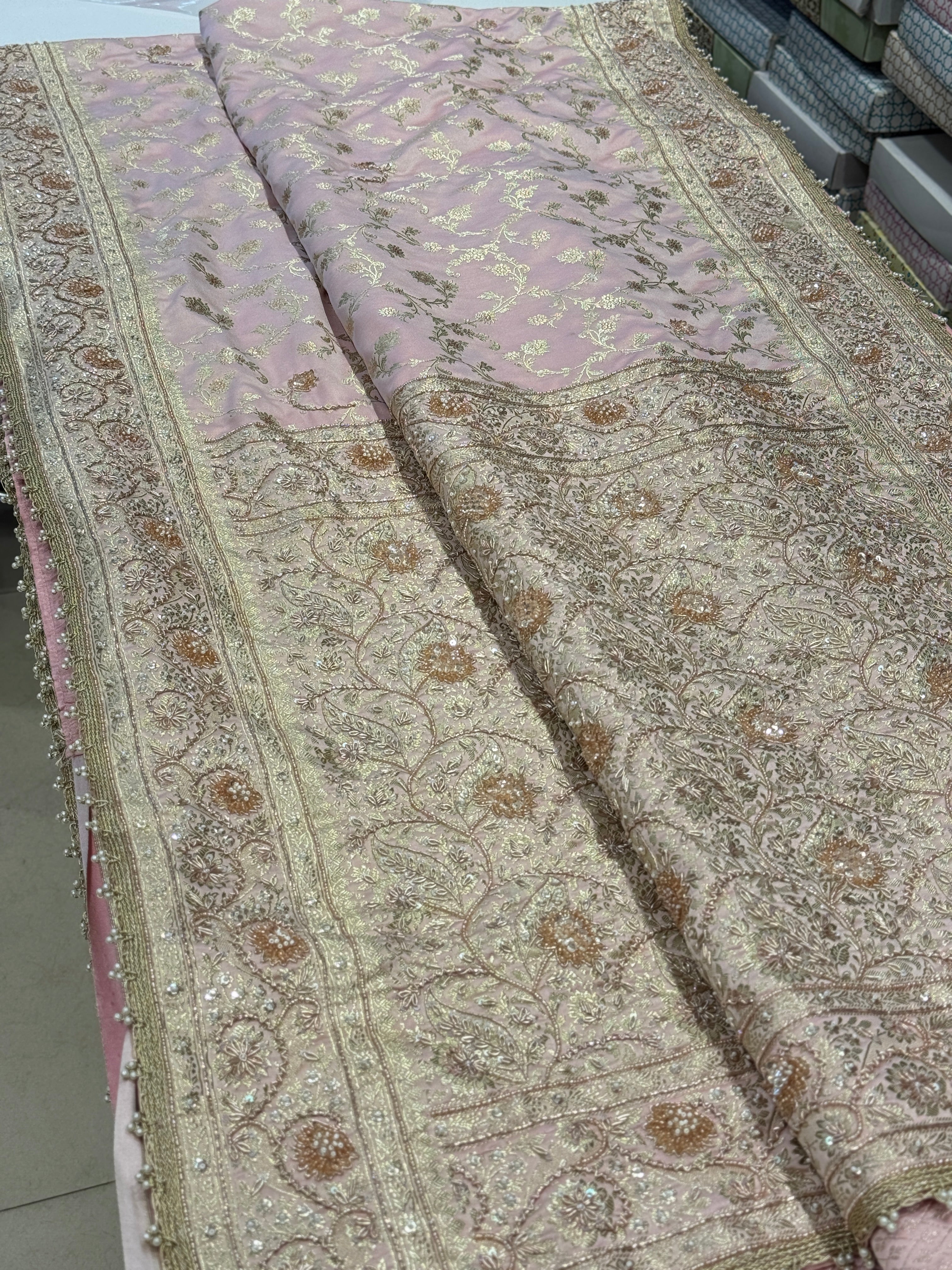 Pastel Pink Banarasi Sequin Zardosi Hand Embroidery Saree