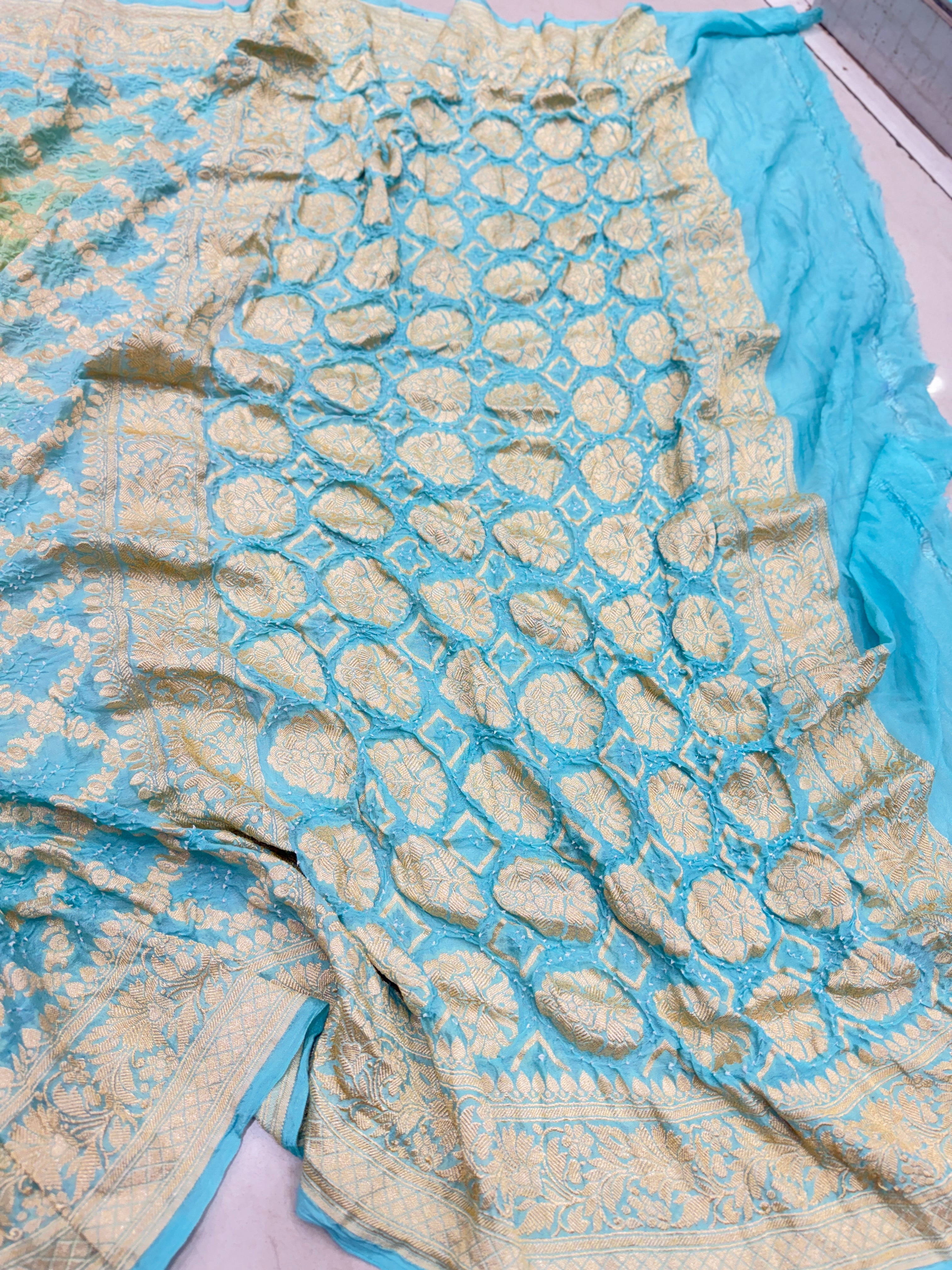Blue Yellow Shaded Floral Border Bandhej Bandhini Saree