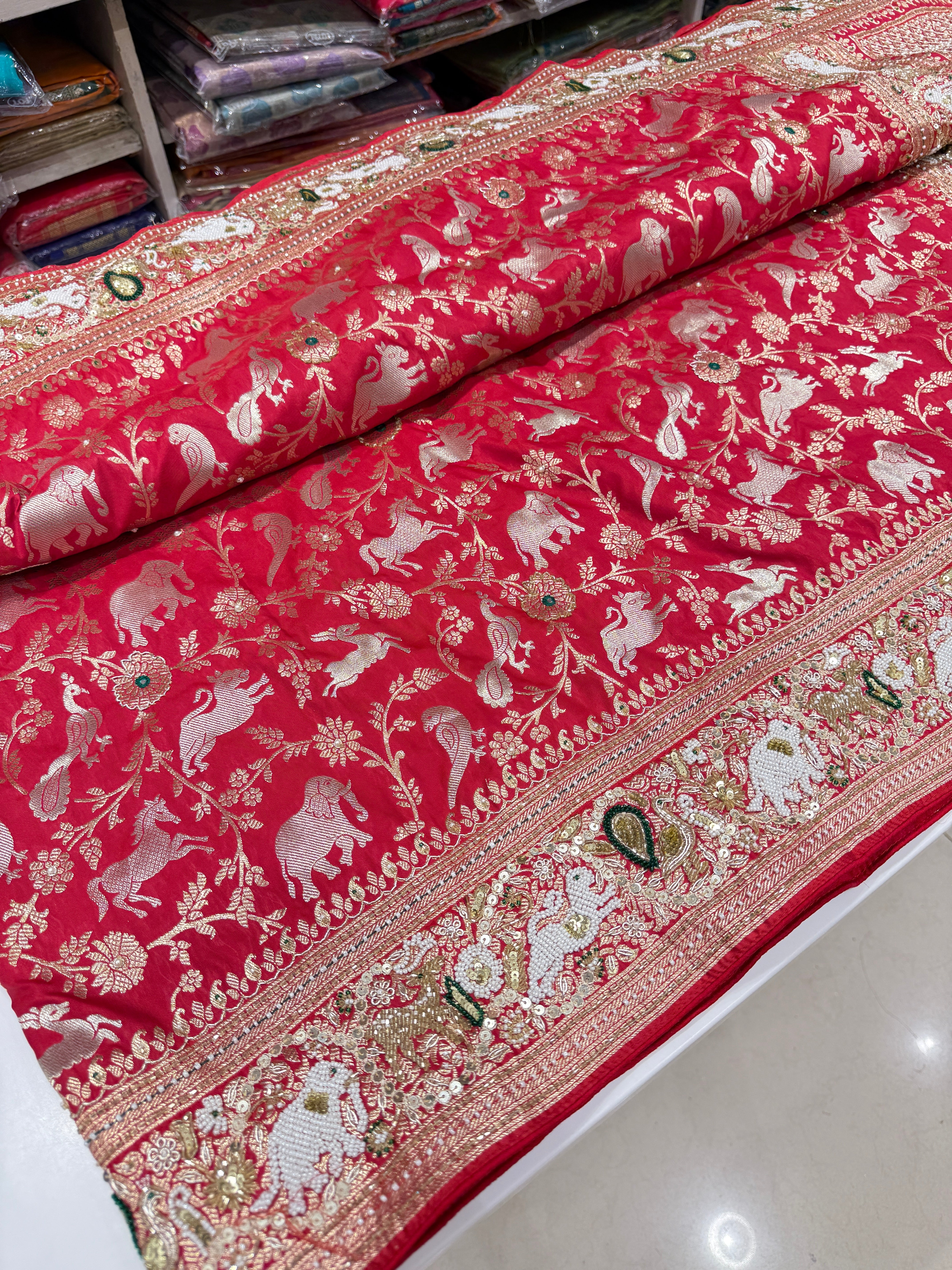Red Banarasi Shikara Moti Embroidery