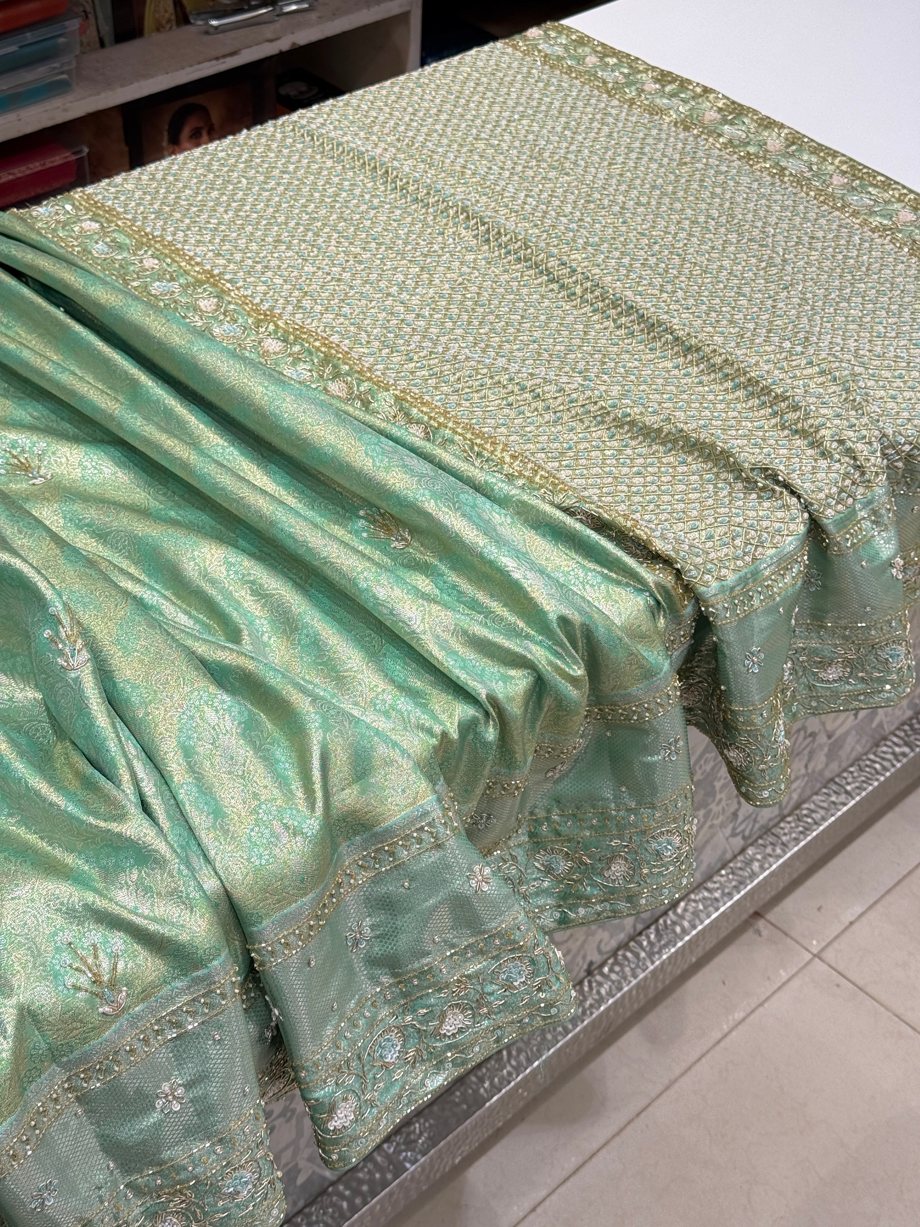 Pista Green Tissue Kanjivaram Hand Embroidery Saree