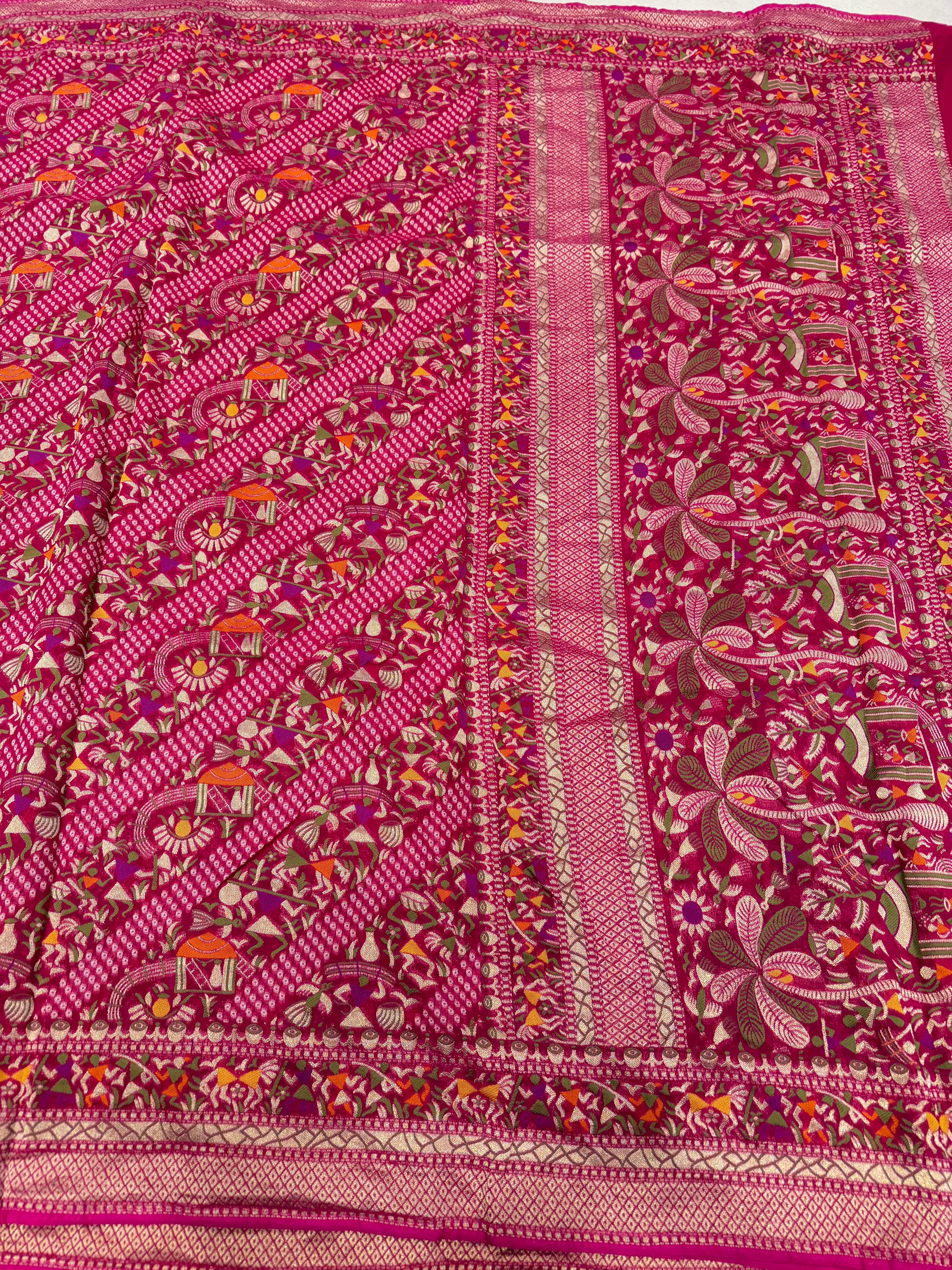 Rani Pink Warli Style Woven Bandhej Georgette Saree