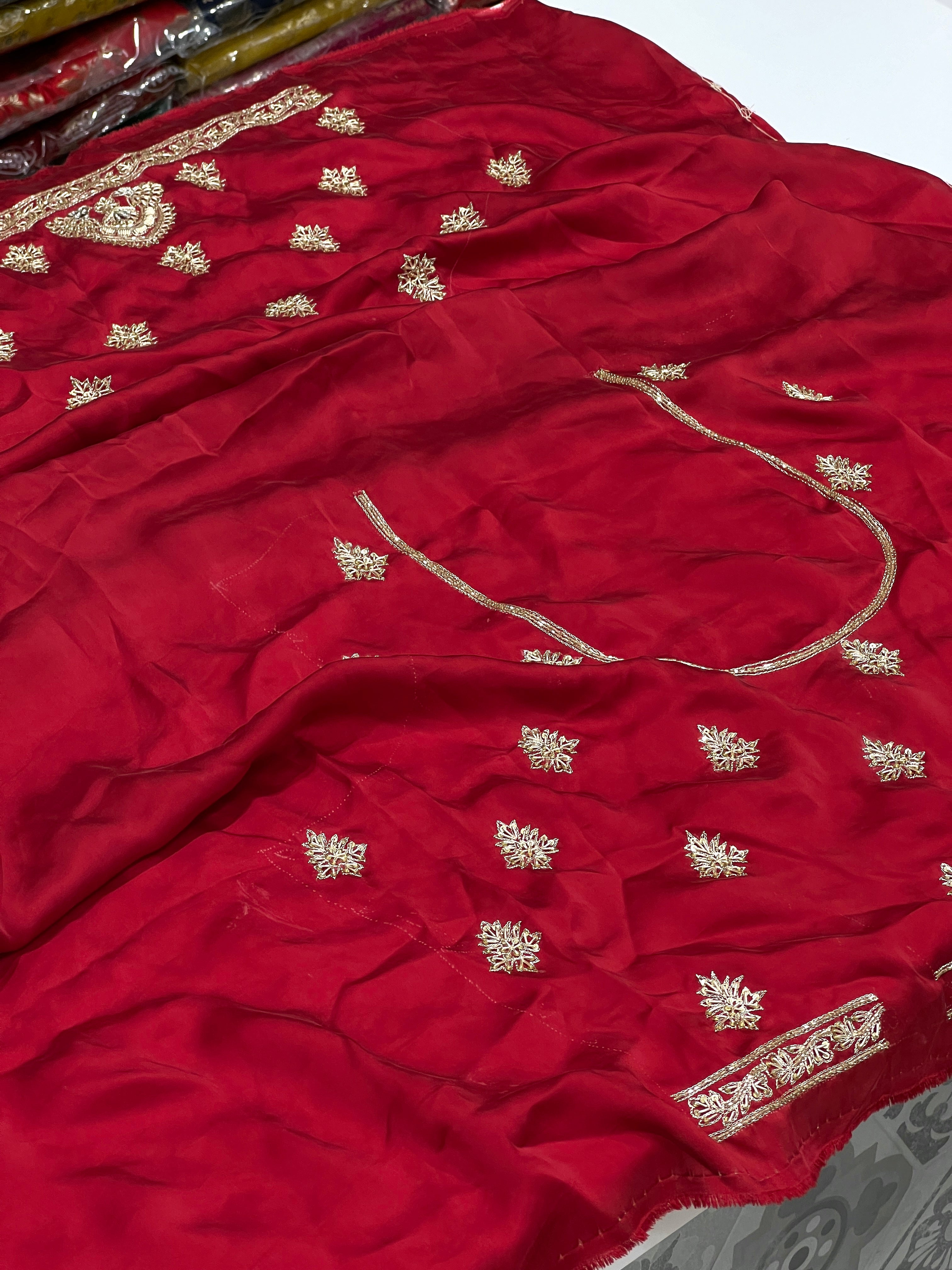Red Satin Zardosi Hand Embroidery Saree