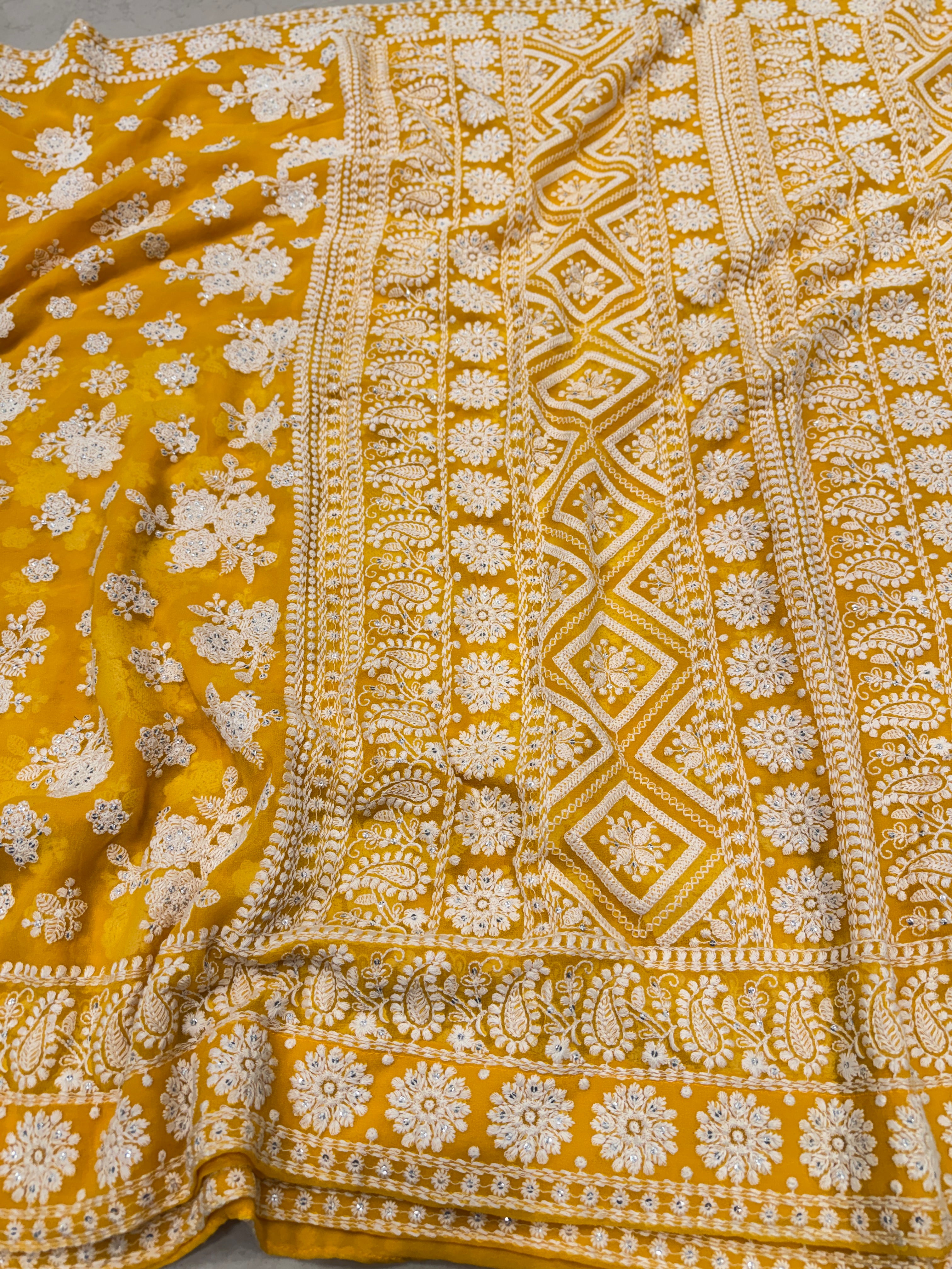 Yellow Chikankari Georgette Resham Butta Saree