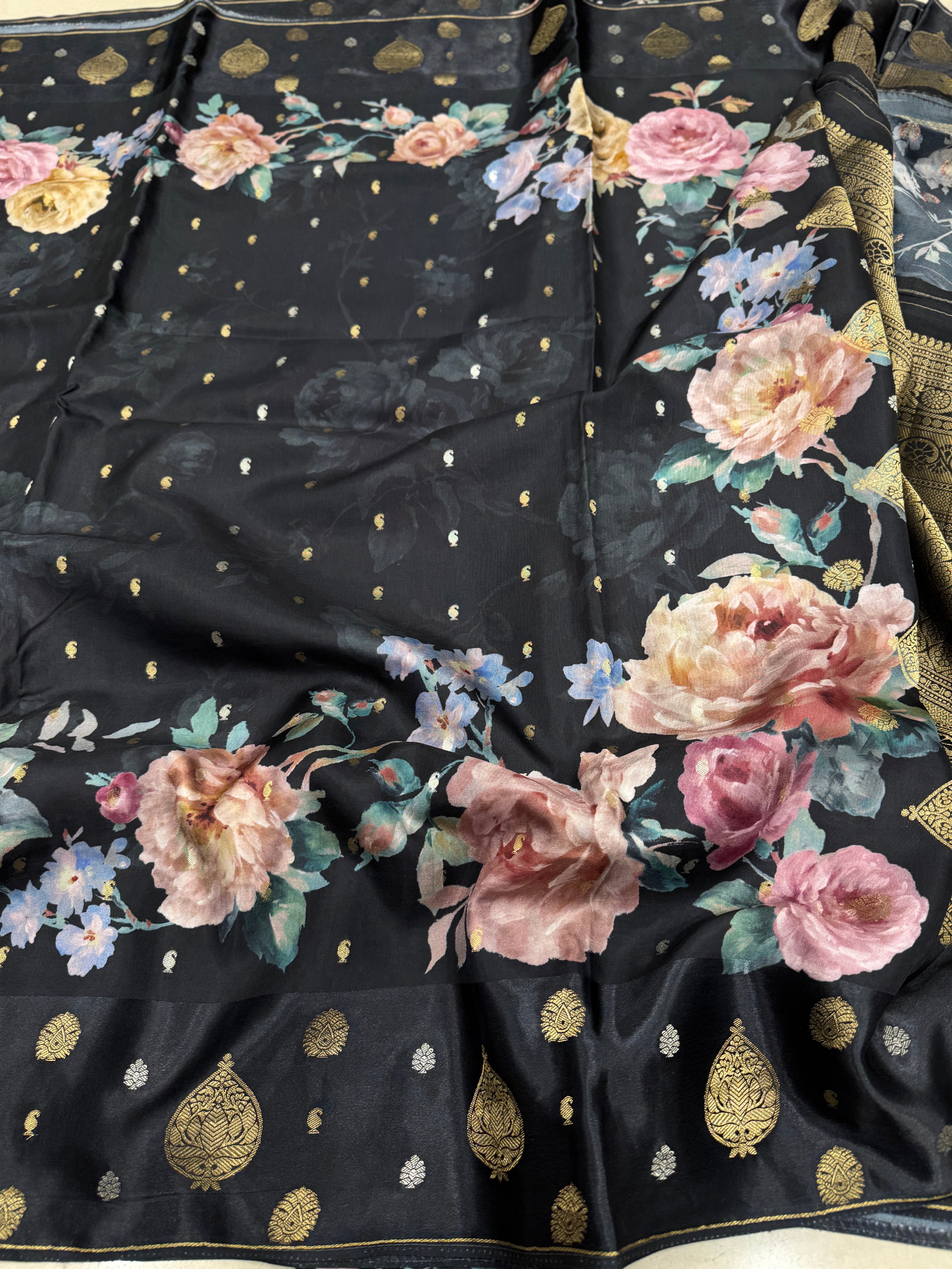 Black Printed Silk Satin Border Saree