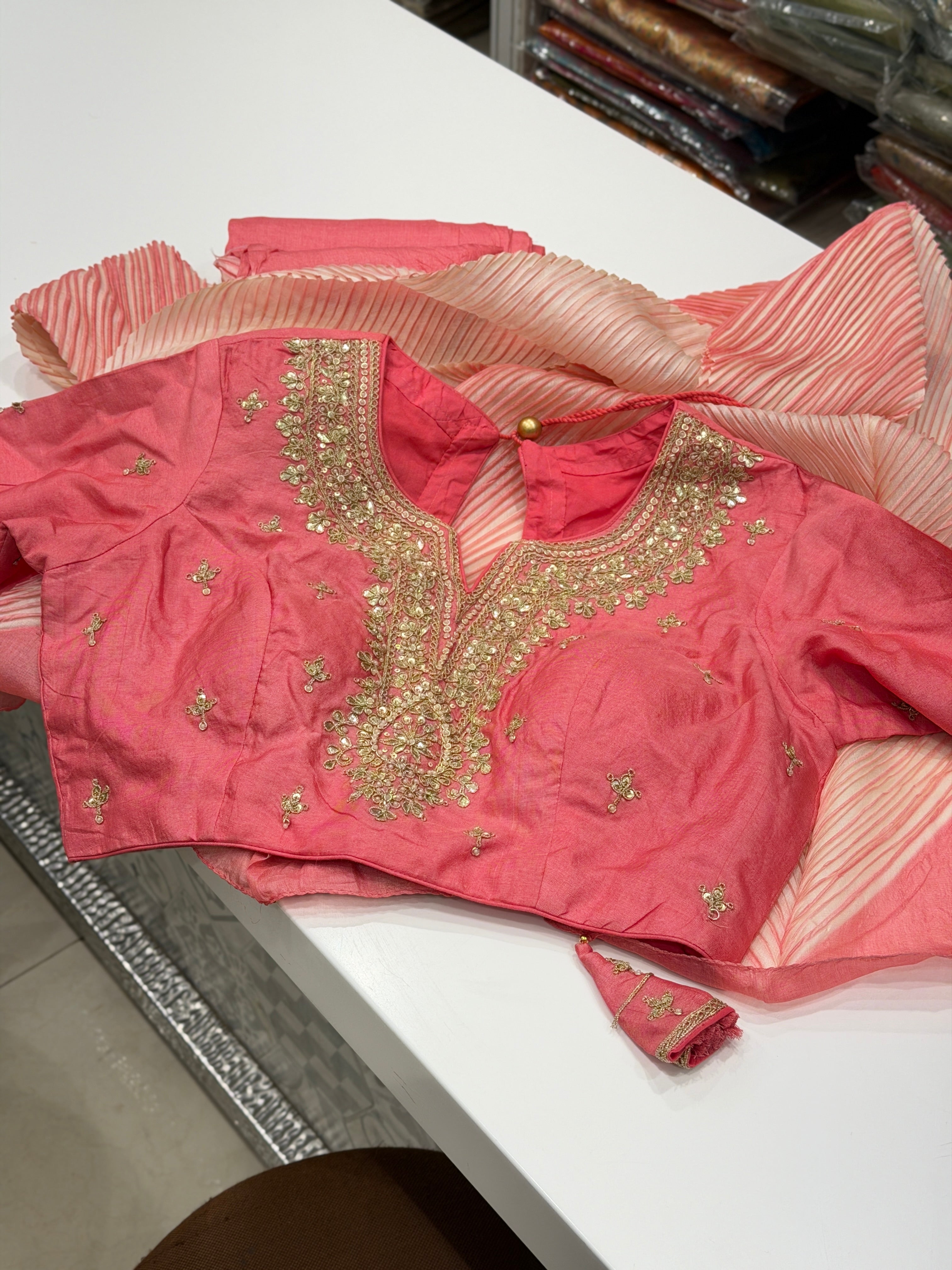 Pink Crushed Tussor with Ready Blouse Saree