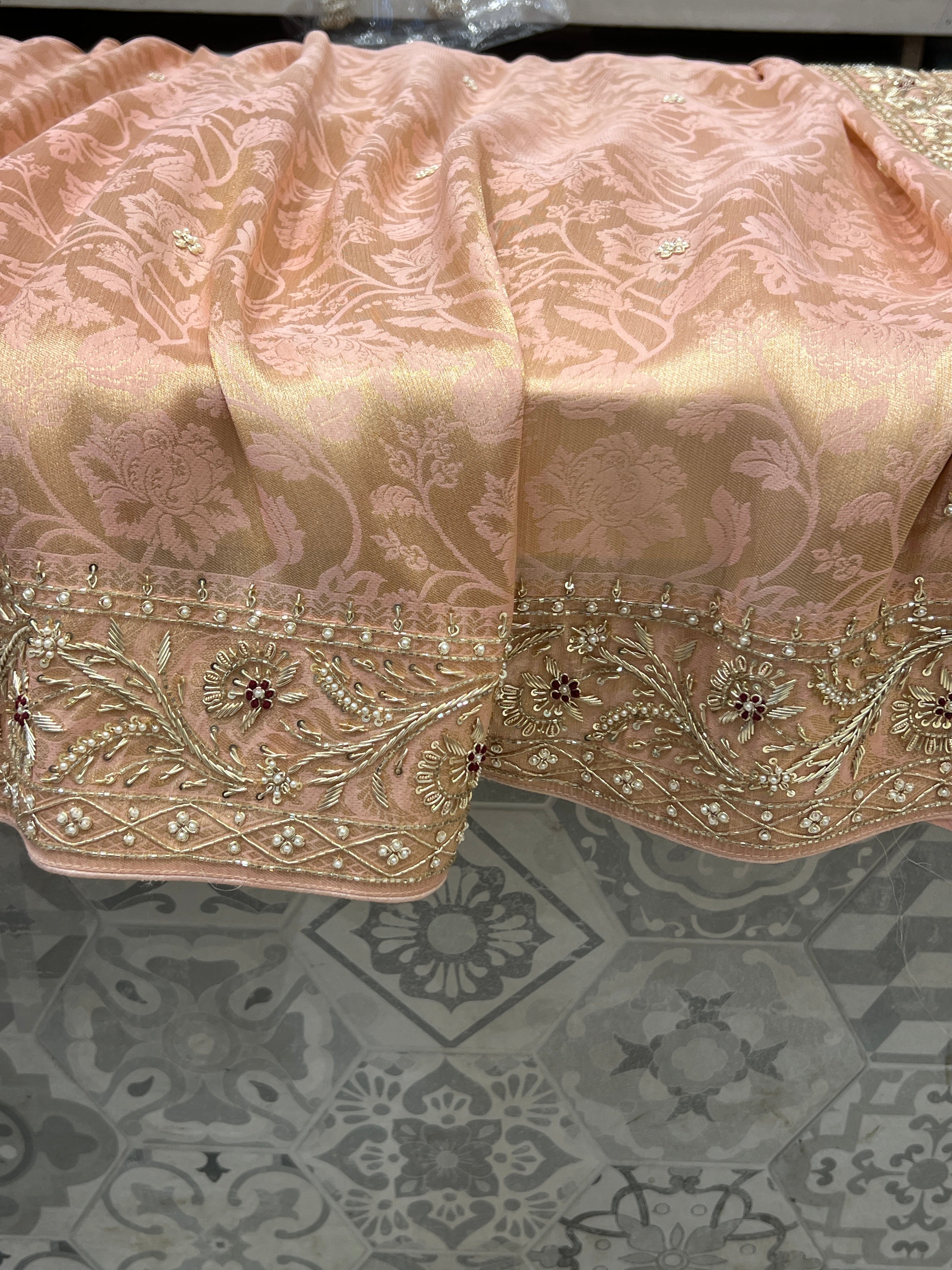 Nude Pink Floral Jaal Banarasi Zardosi Embroidery Saree