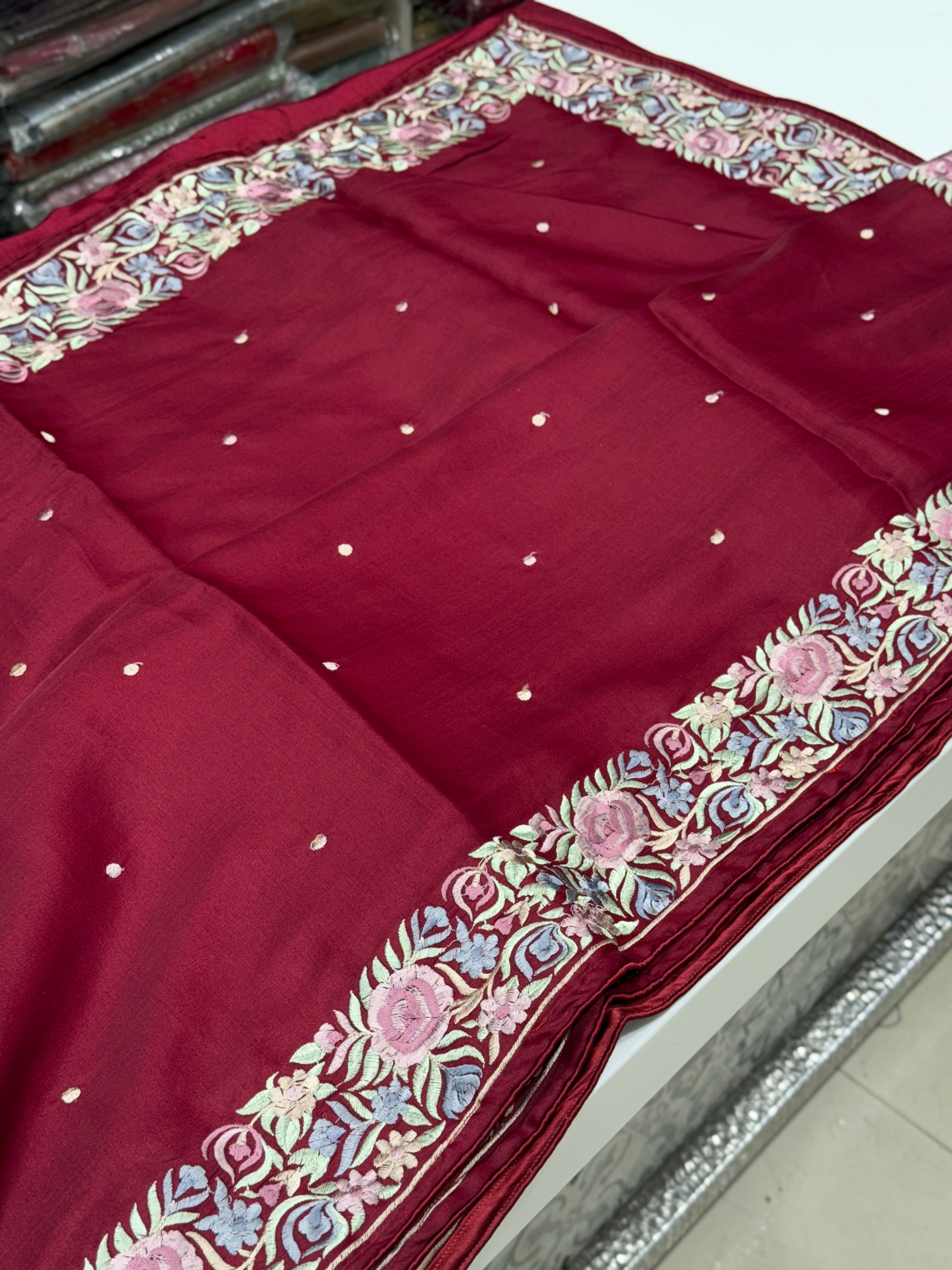 Maroon Silk Multi Colour Border Gara Border Saree
