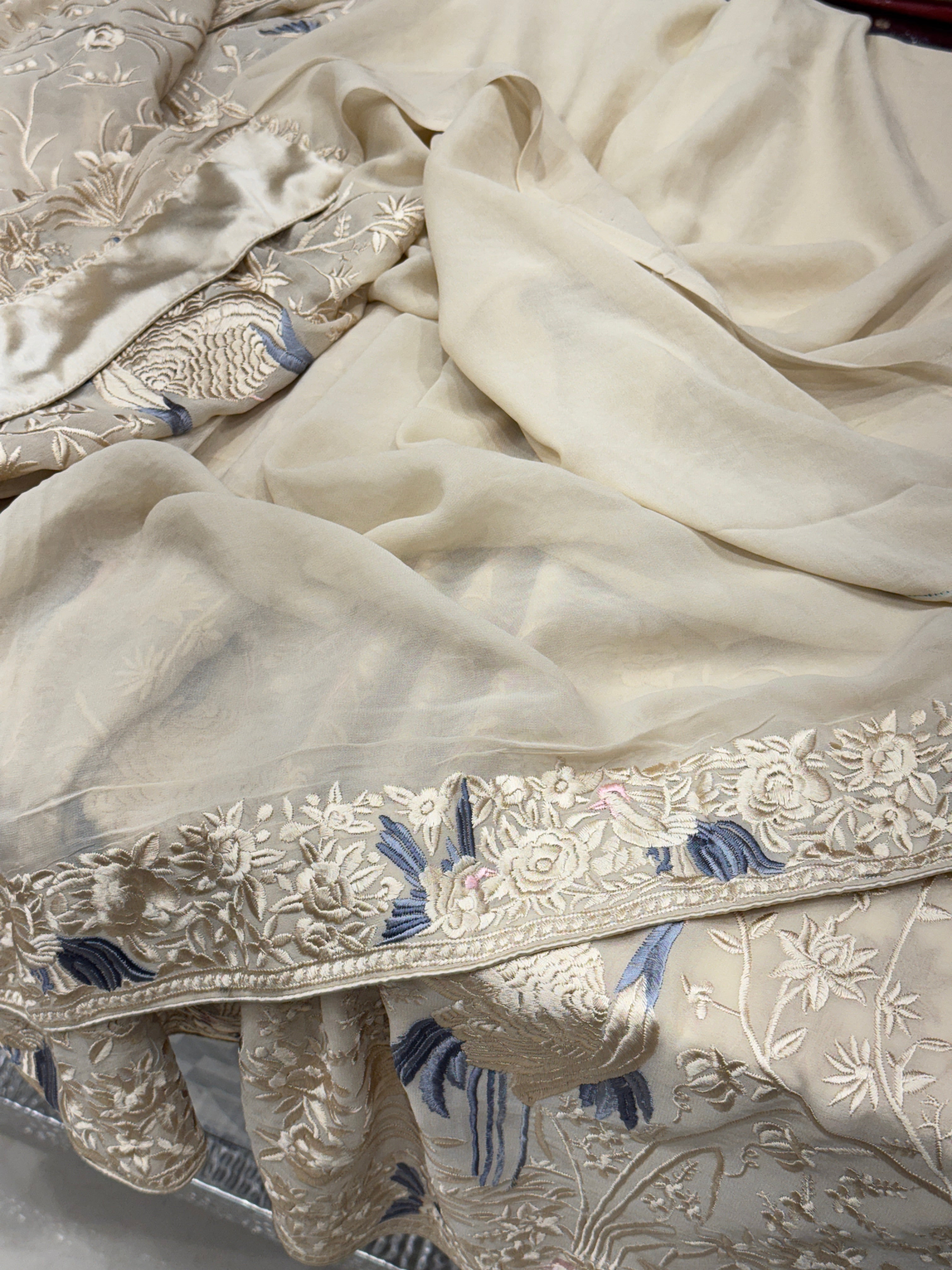 Beige Georgette Flamingo Parsi Gara Saree