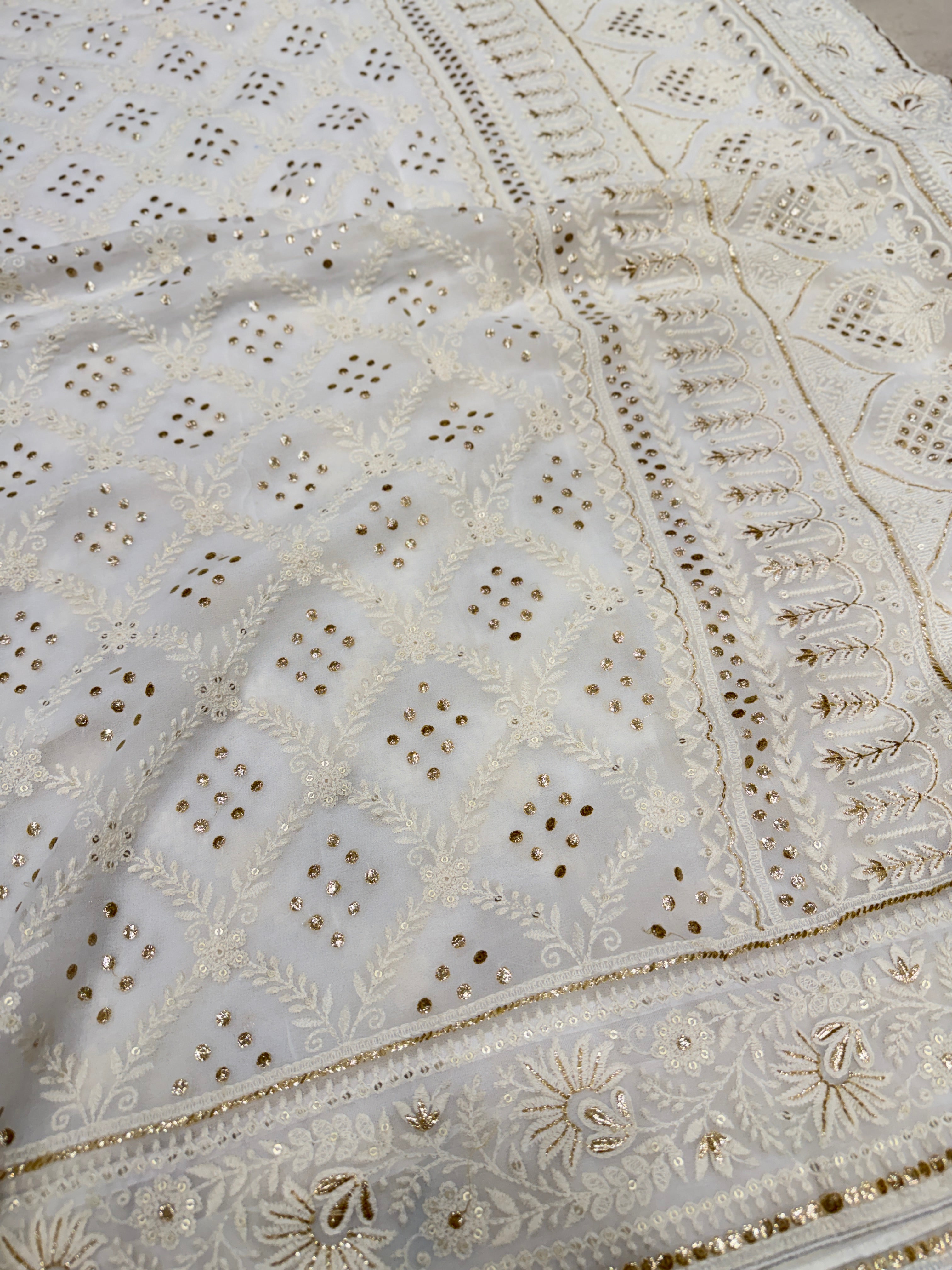 Moti White Georgette Badla Embroidery Chikankari Resham Saree