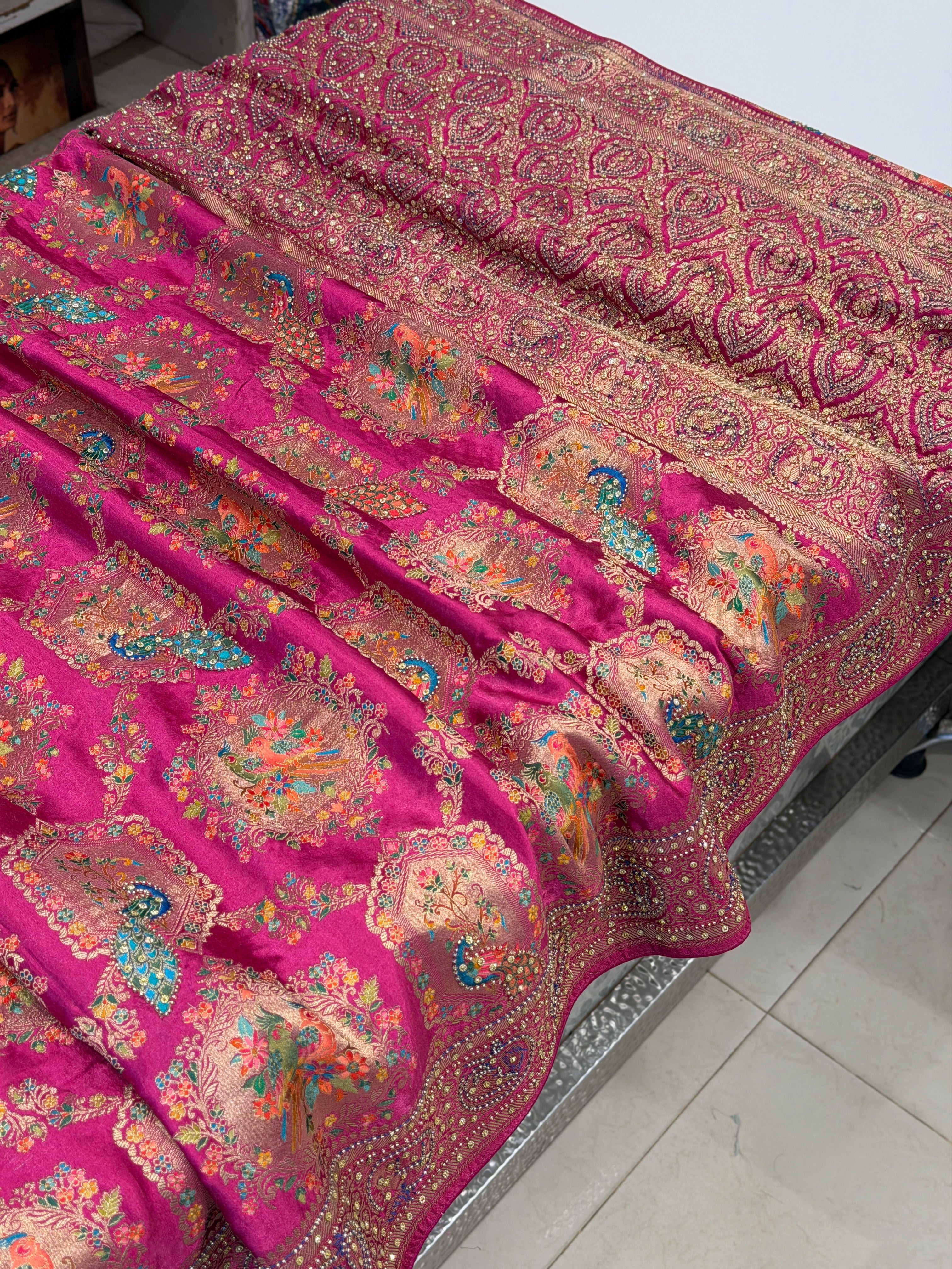 Wine Banarasi Modal Peacock Motif Kutchi Hand Embroidery Saree
