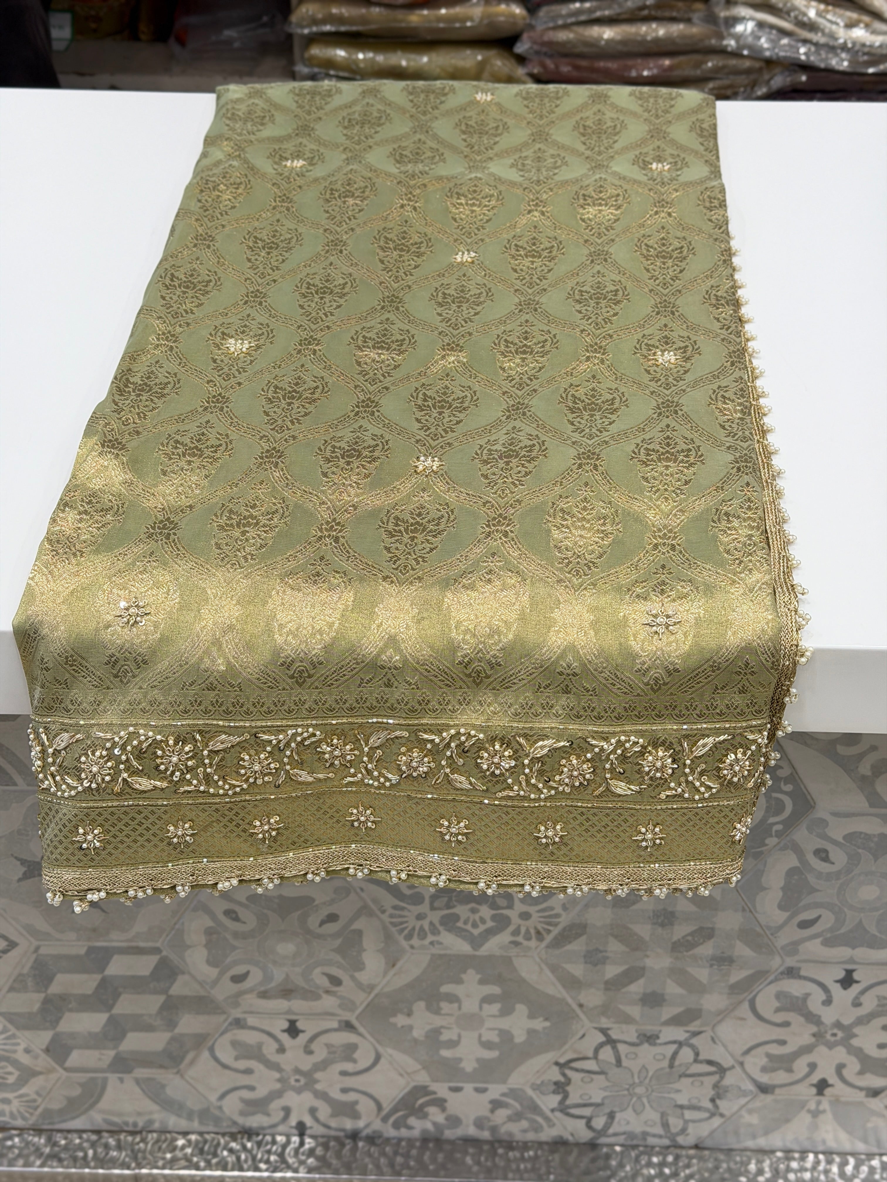 Pista Green Tissue Crown Jaal Hand Embroidery Zardosi gota Saree