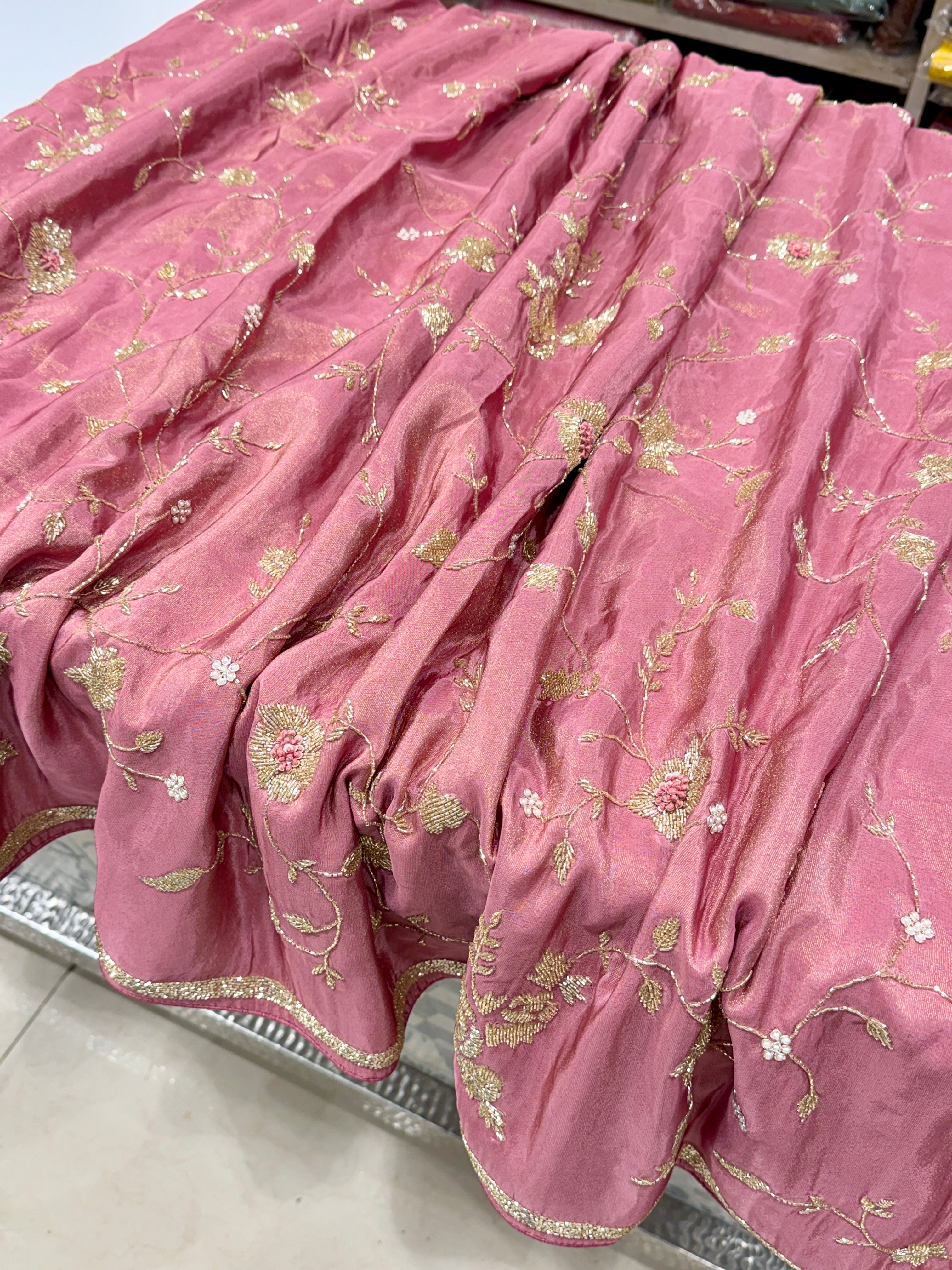 Pink Crepe Tissue Cutdana Knot Hand Embroidery Jaal Saree