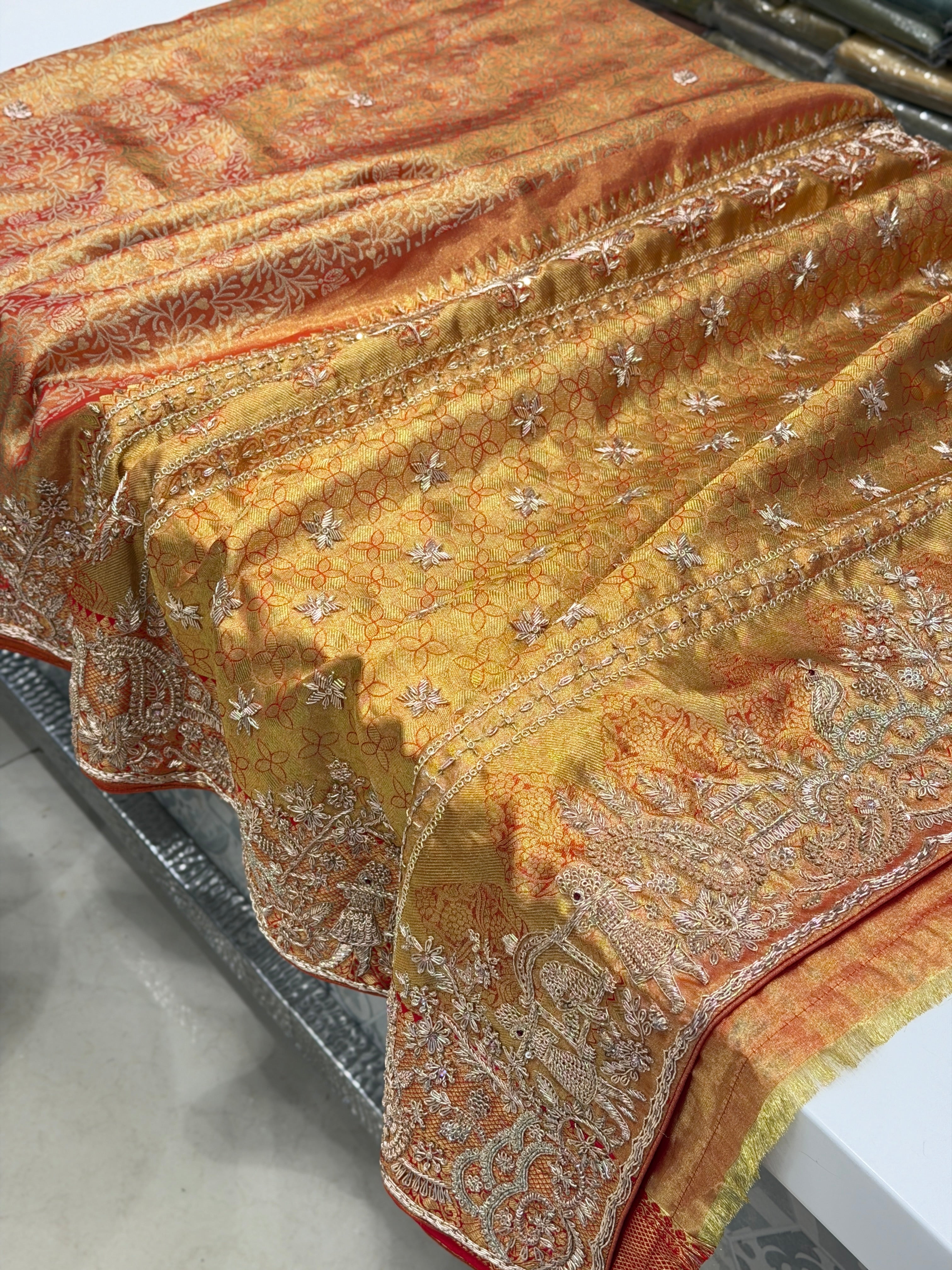 Red Tissue Kanjivaram Zardosi Doli Hand Embroidery Saree