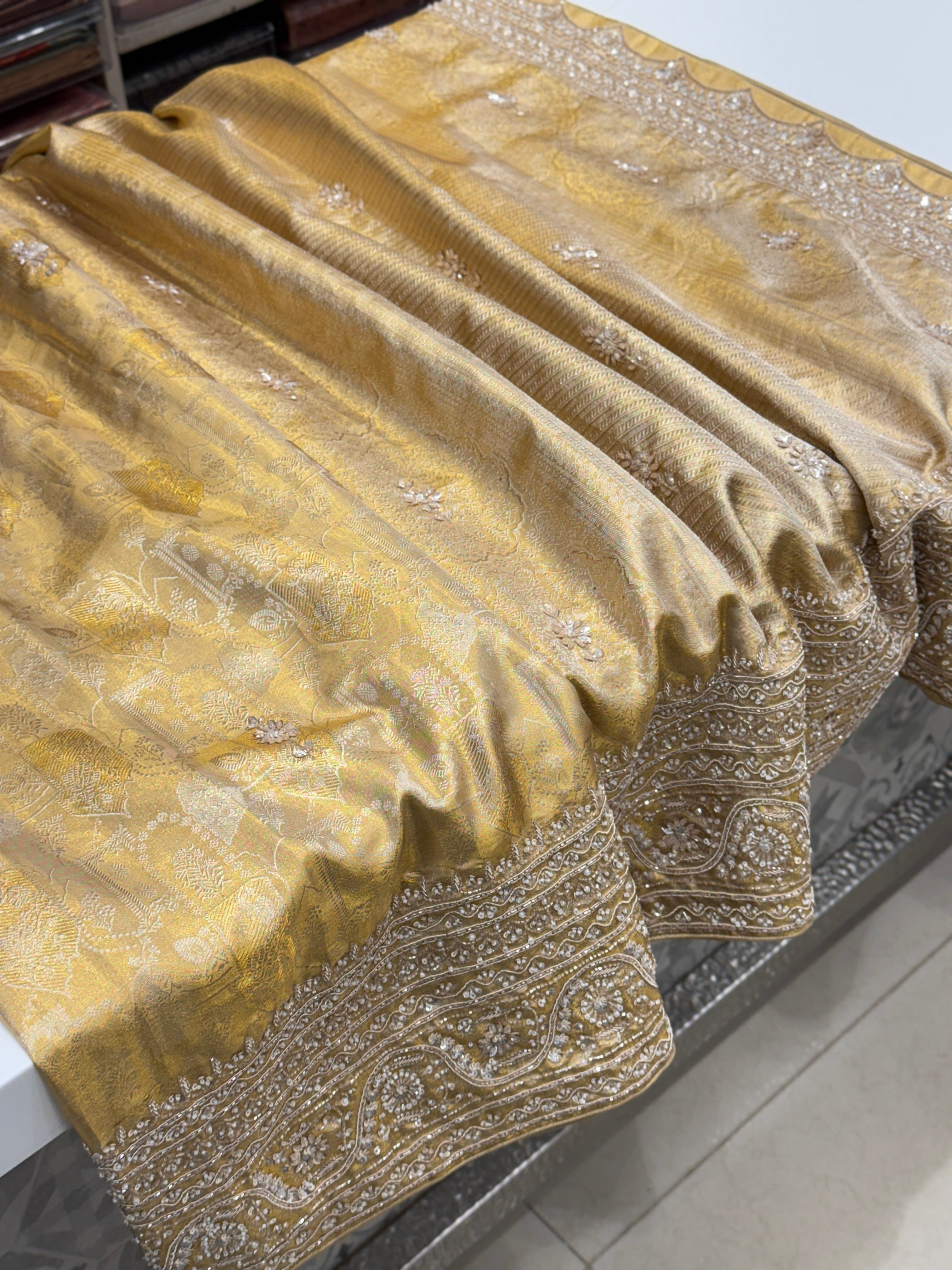 Gold Tissue Zardosi Moti Kanjivaram Hand Embroidery Saree