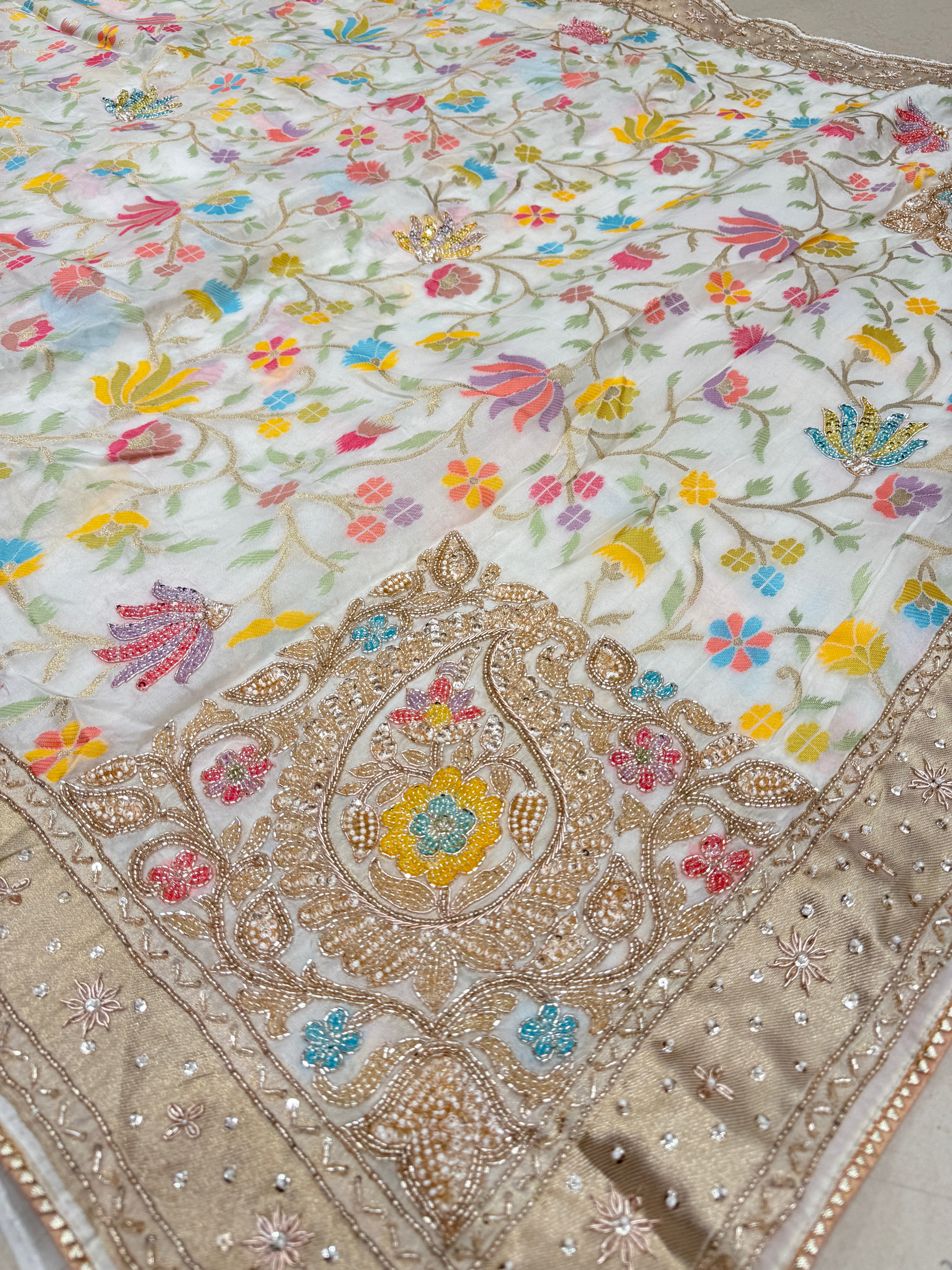 White Meenakari Banarasi Kora Sequin Zardosi Hand Embroidery Saree