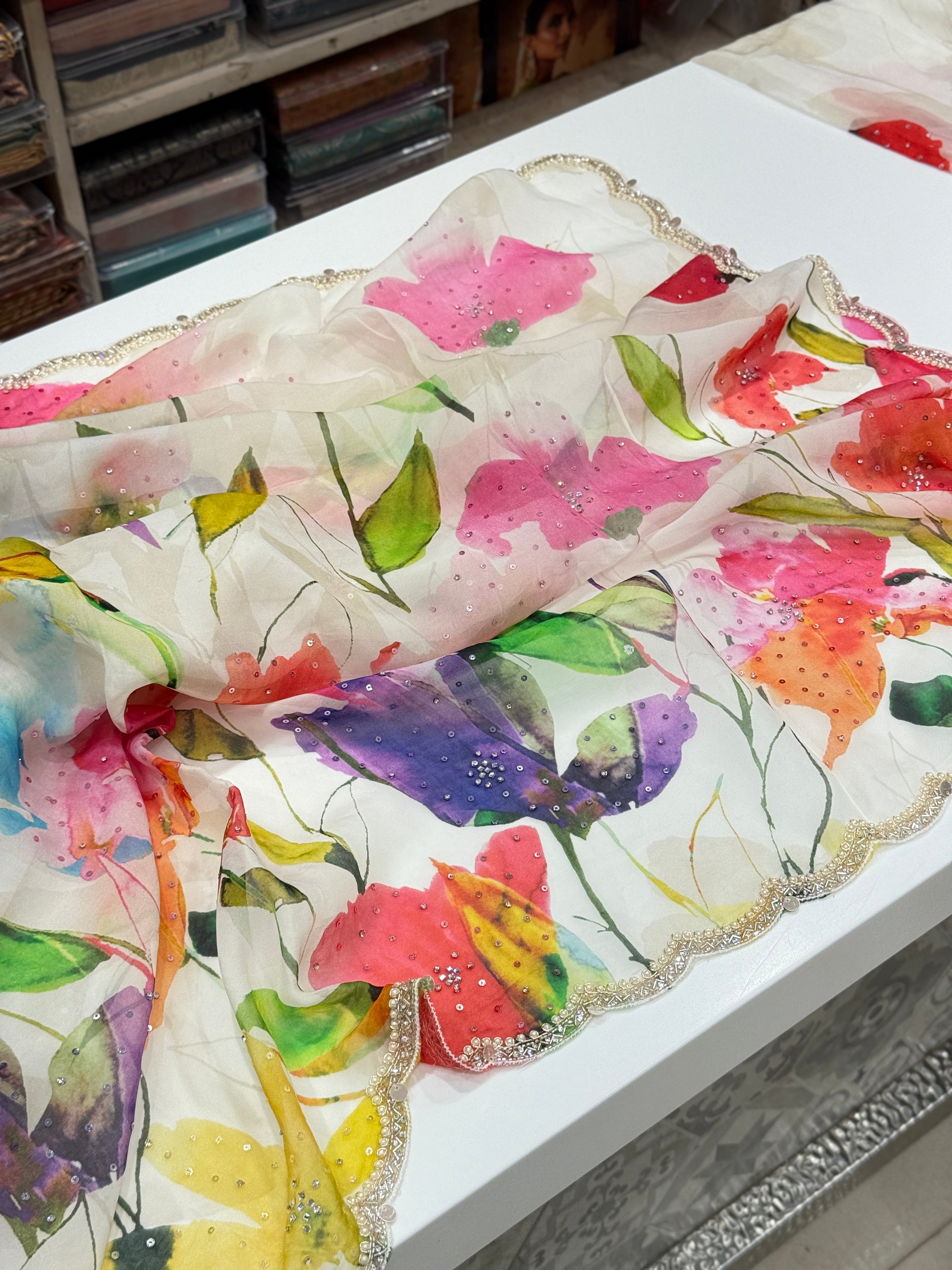 Multi Colour Print Muslin Border Hand Embroidery Saree