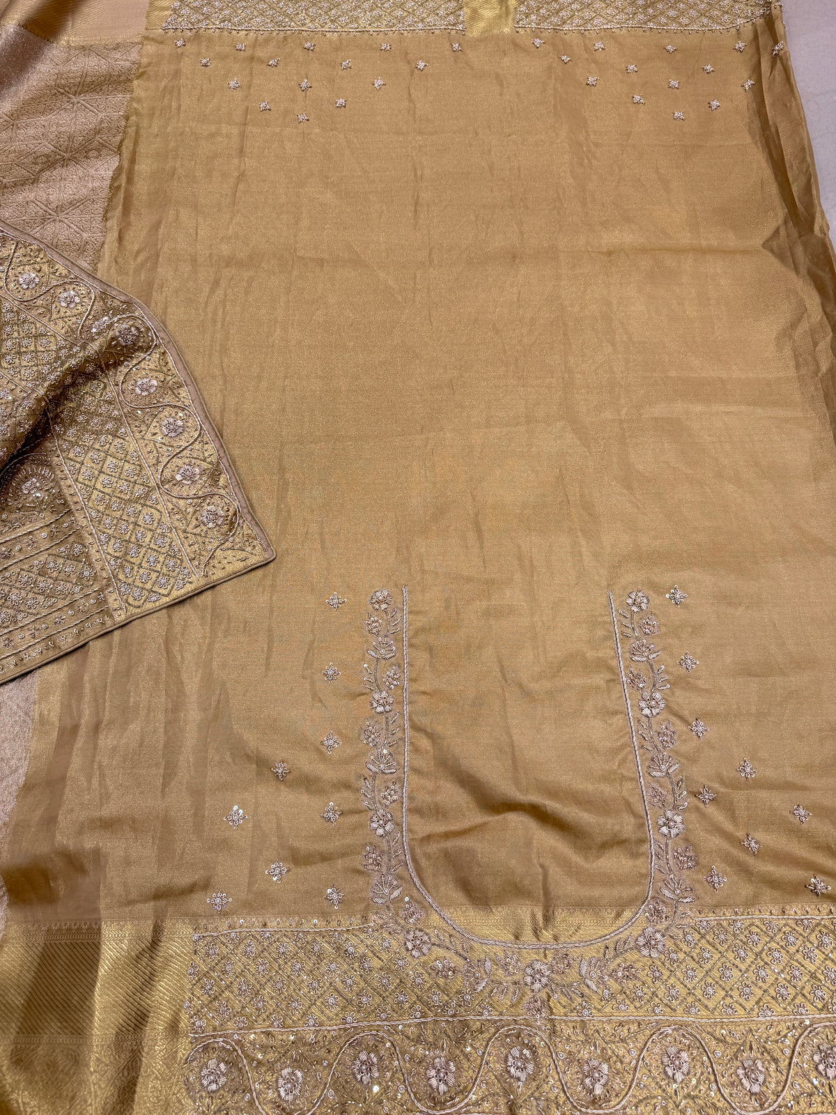 Light Golden Floral Kanjivaram Zardosi Hand Embroidery Saree