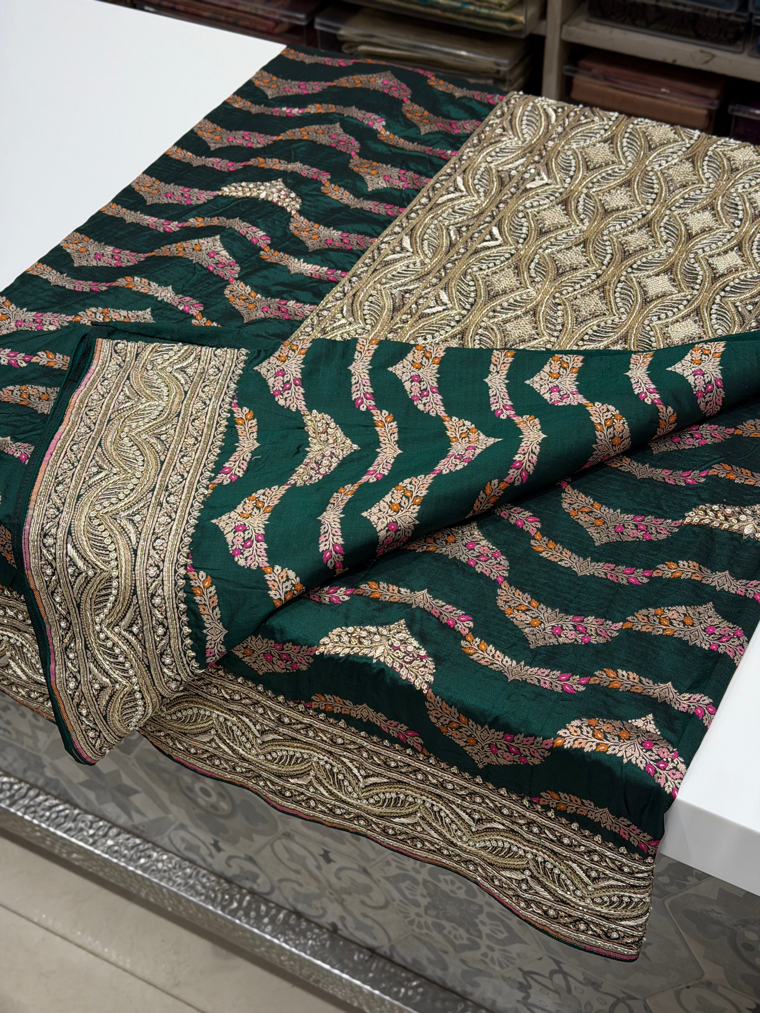 Bottle Green Meenakari Handloom Banarasi Katan Silk Zardosi Hand Embroidery Saree