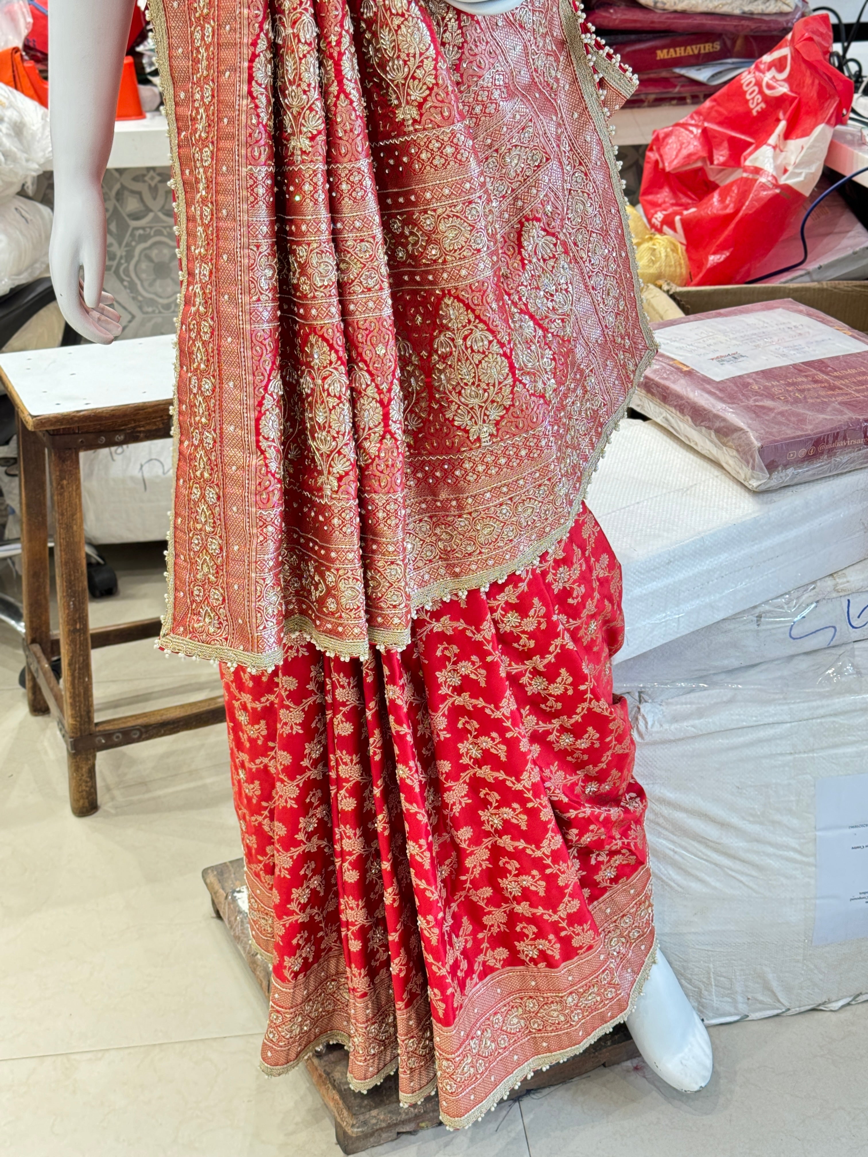 Red Banarasi Zardosi Hand Embroidery Saree