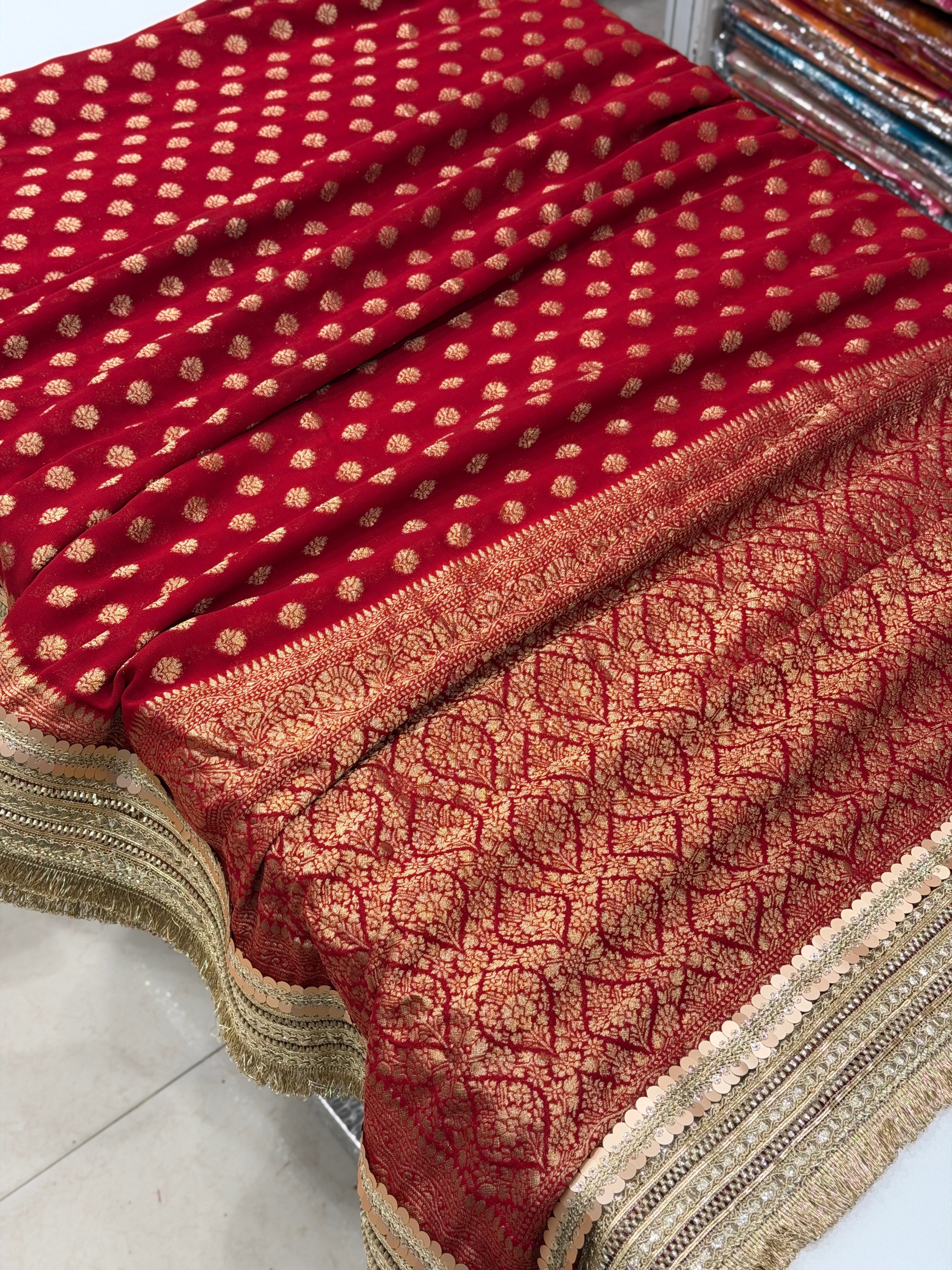 Red Banarasi Khaddi Georgette Buttis Maharani Lace Saree