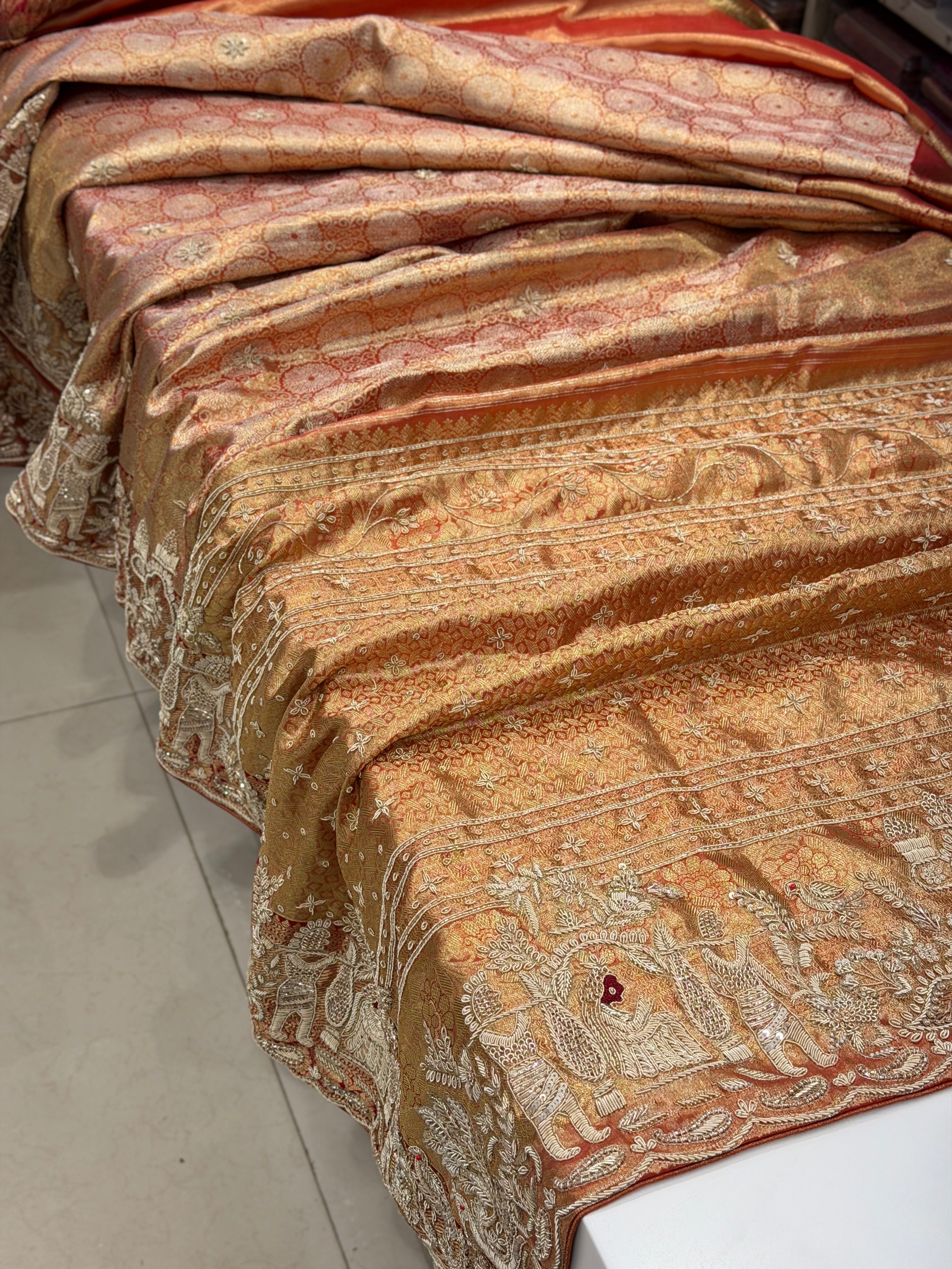 Red Tissue Kanjivaram Zardosi Doli Hand Embroidery Saree