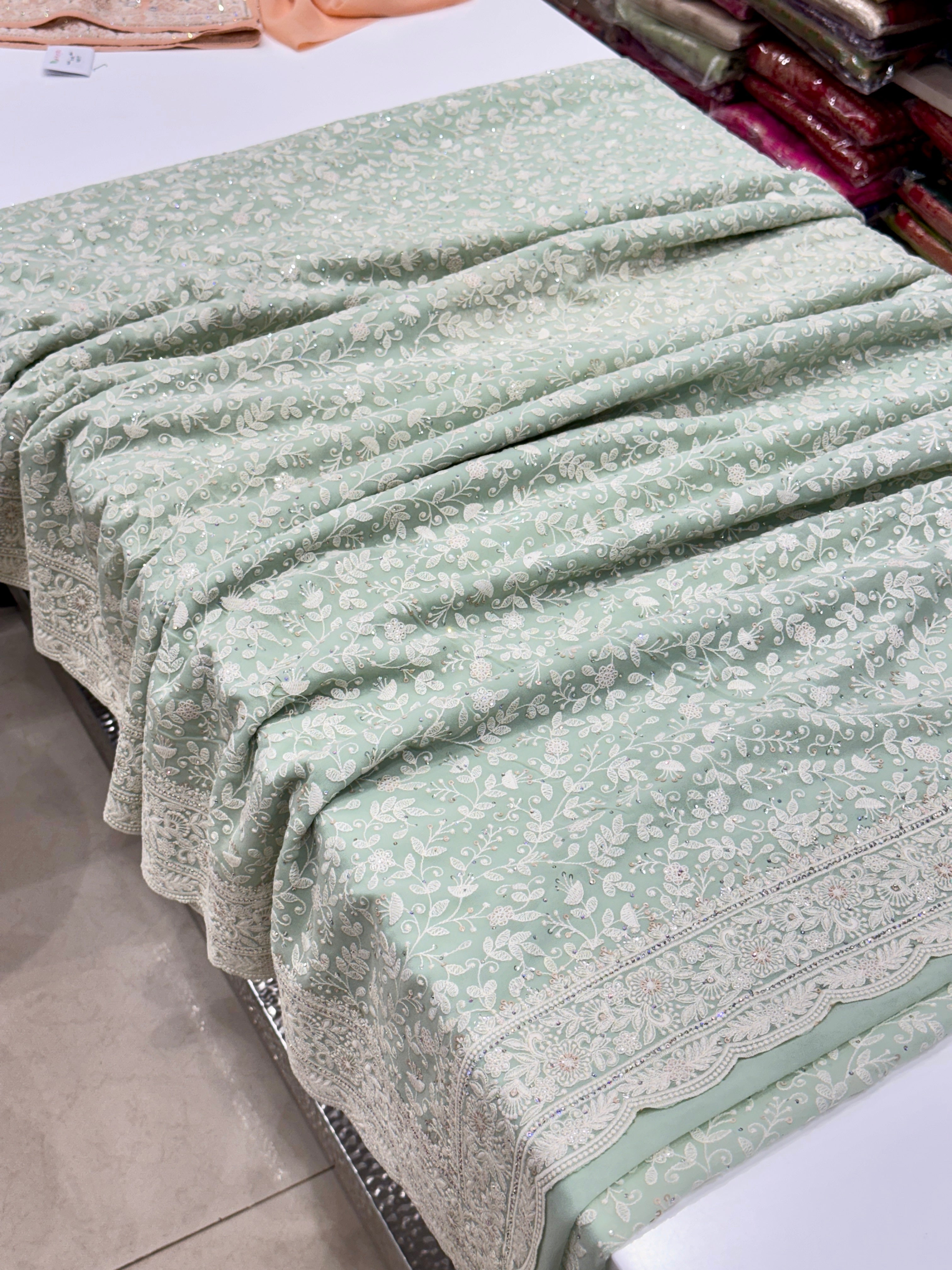 Pista Green Chikankari Scallop Design Saree