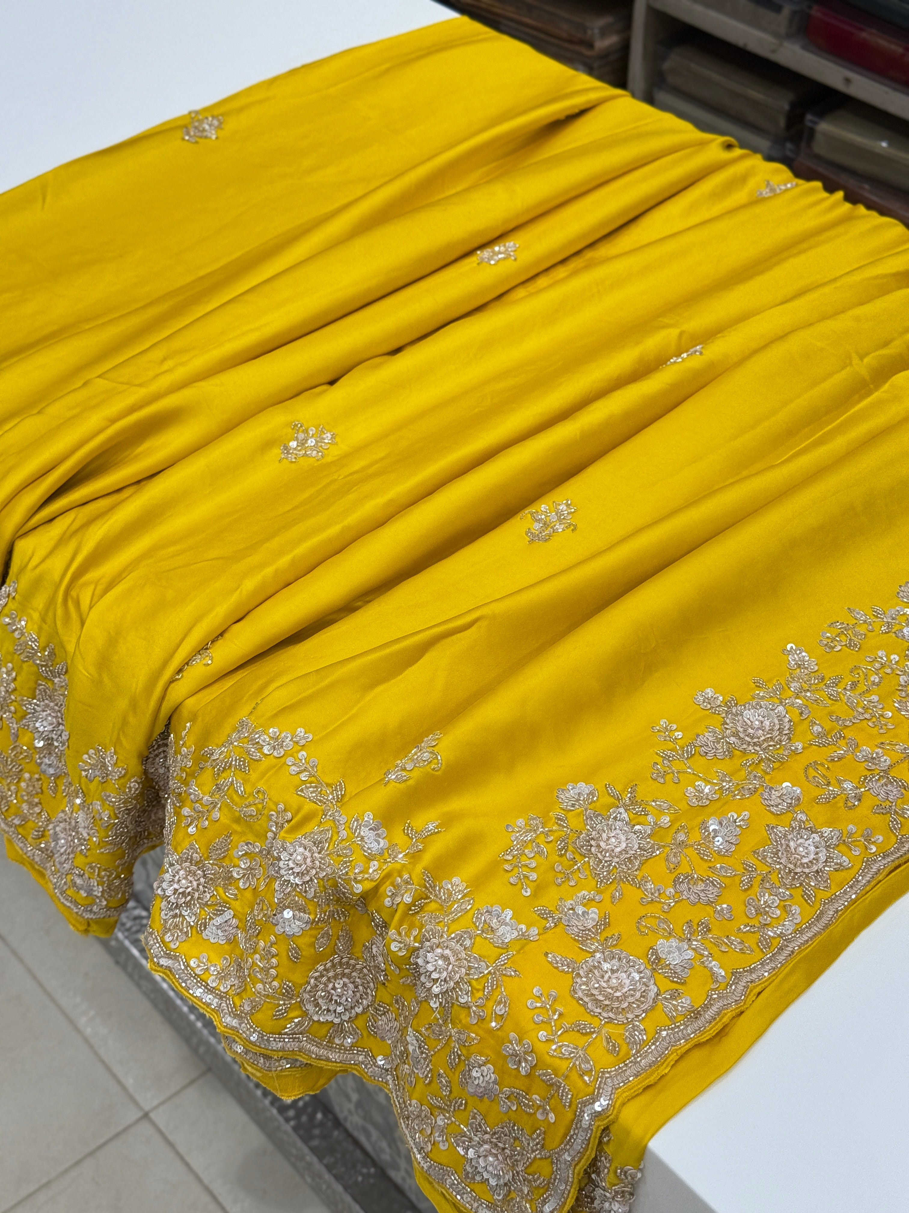 Yellow Satin Silk Hand Embroidery Moti Cutdana Saree