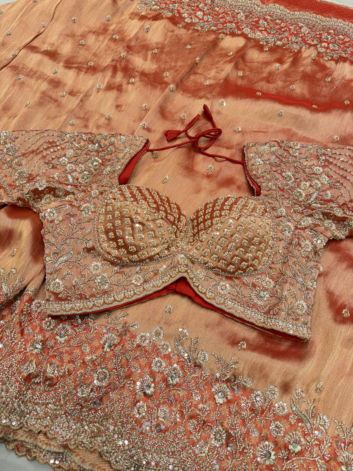 Rust Orange Crepe Tissue Embroidery Ready Blouse Saree