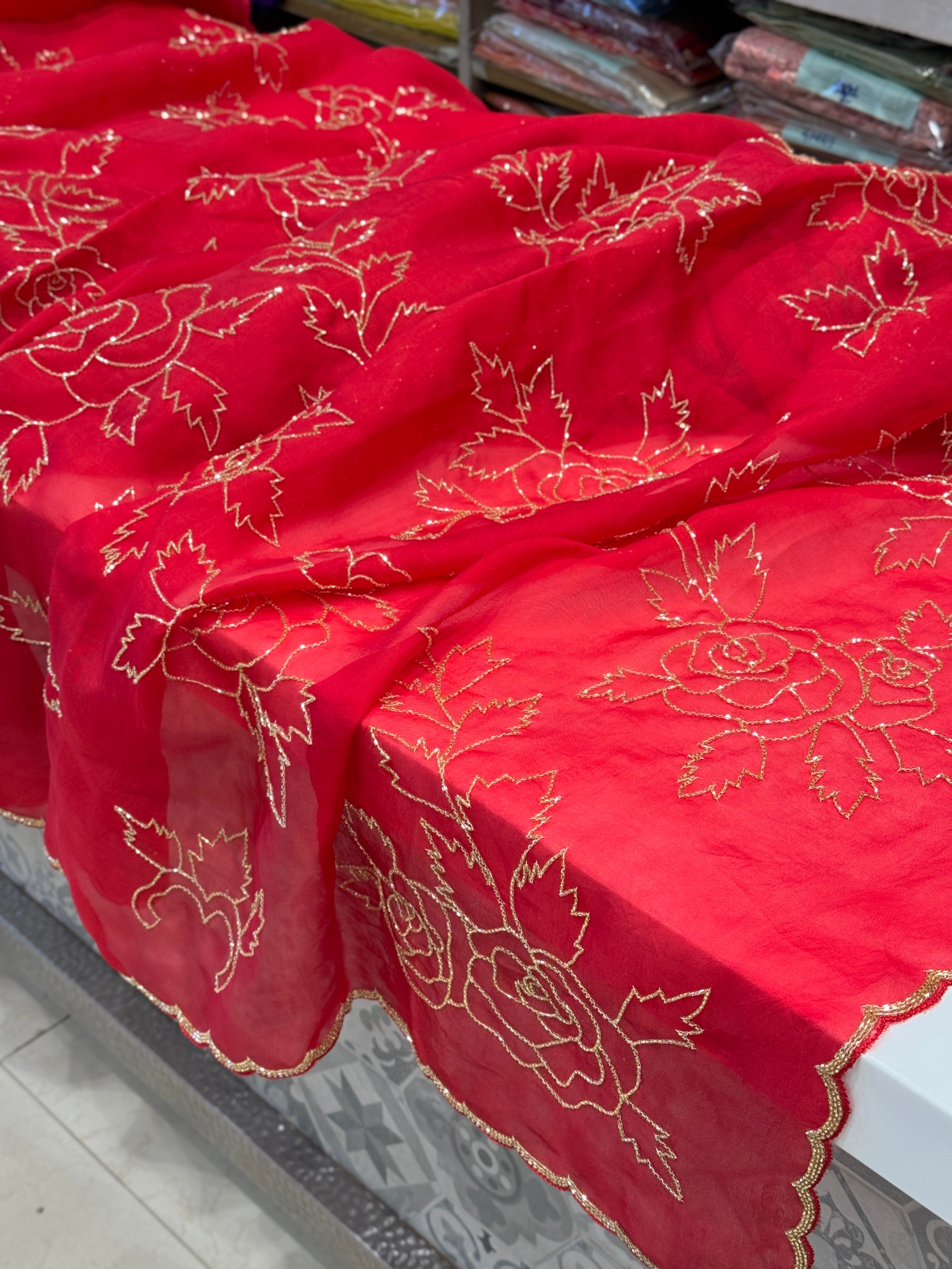Red Pure Organza Hand Embroidery Saree