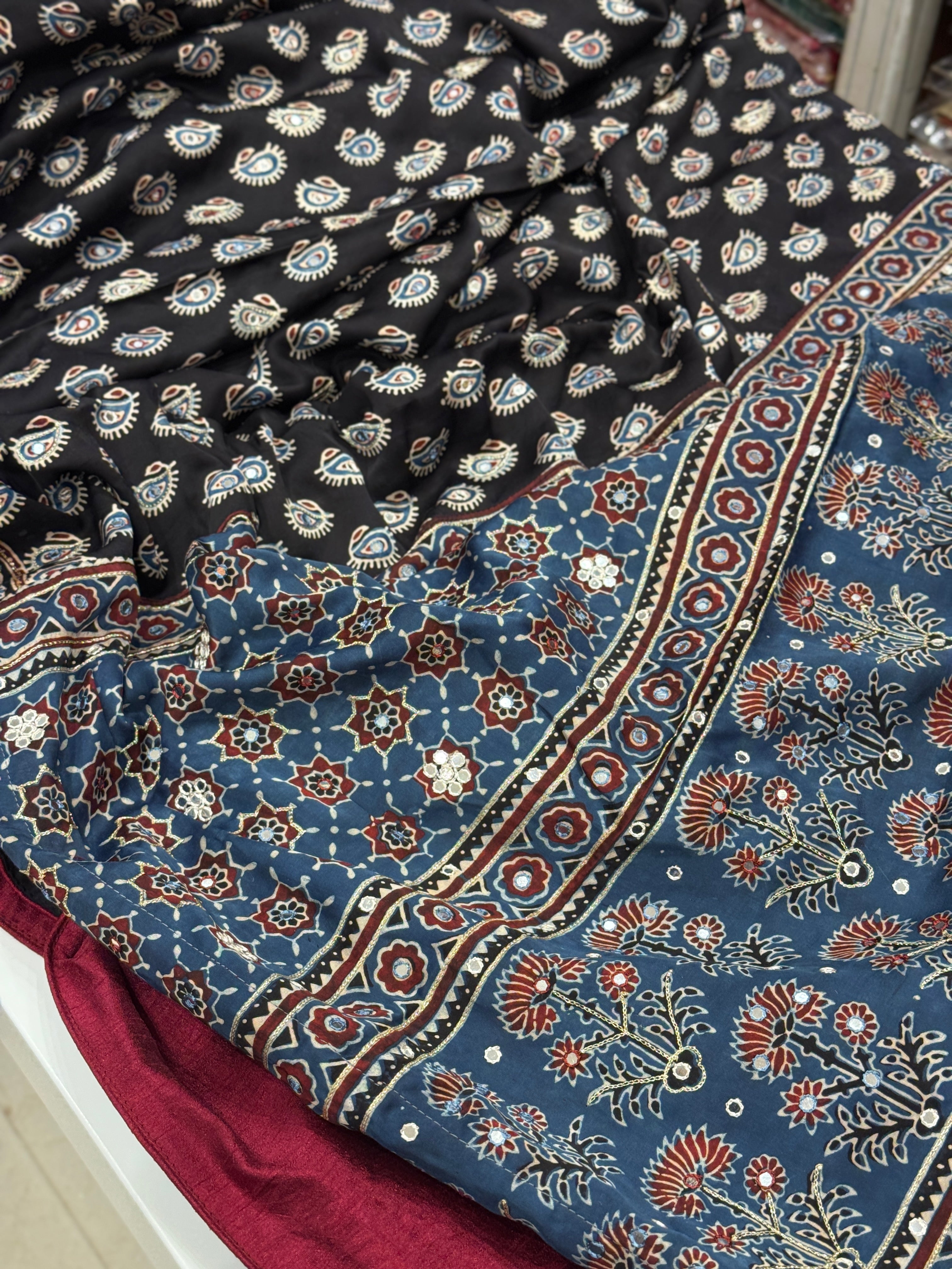 Black Buttis Ajrakh Mirror Hand Embroidery Saree