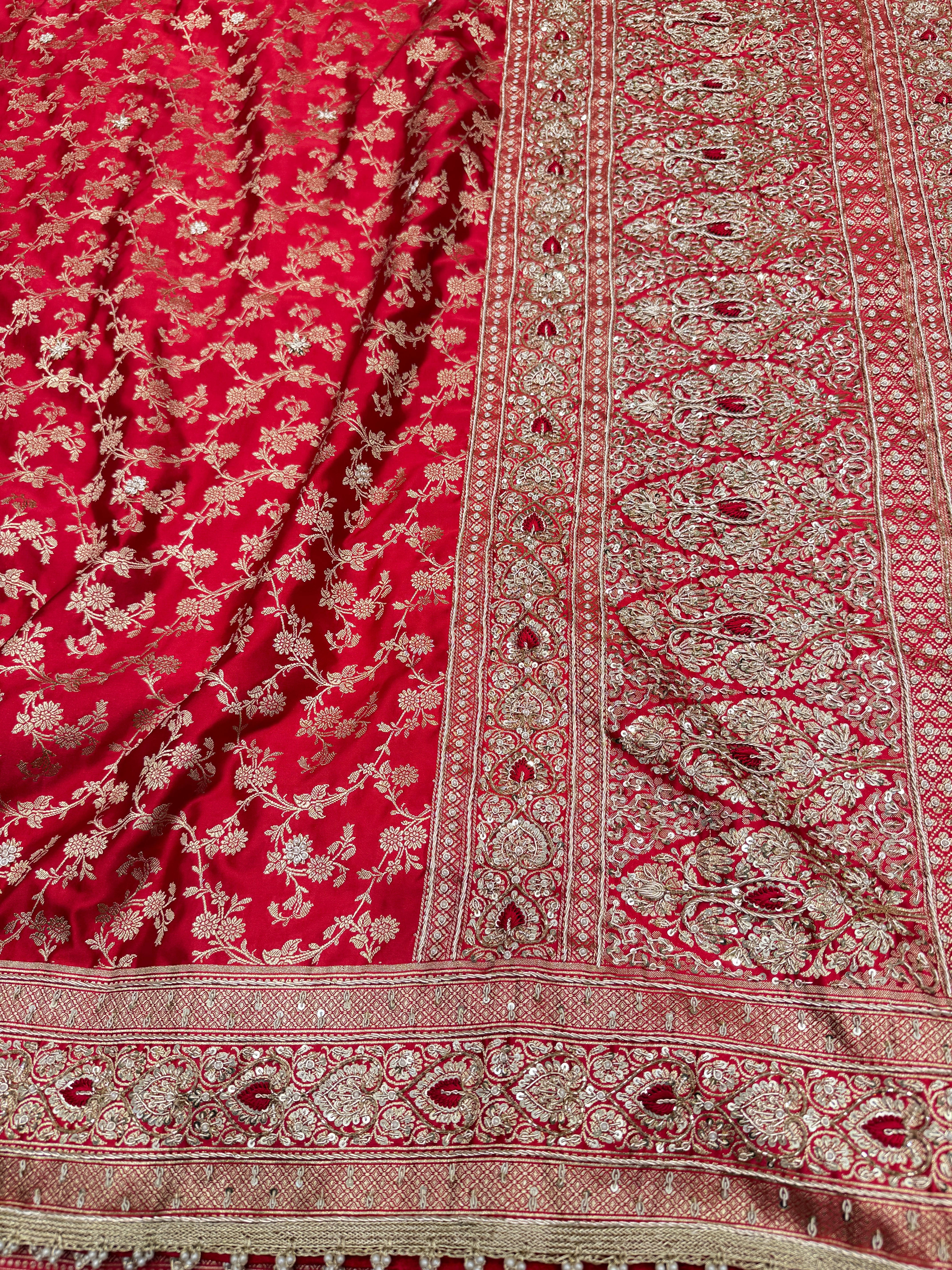 Red Banarasi Silk Resham Zardosi Heart Border Embroidery Saree