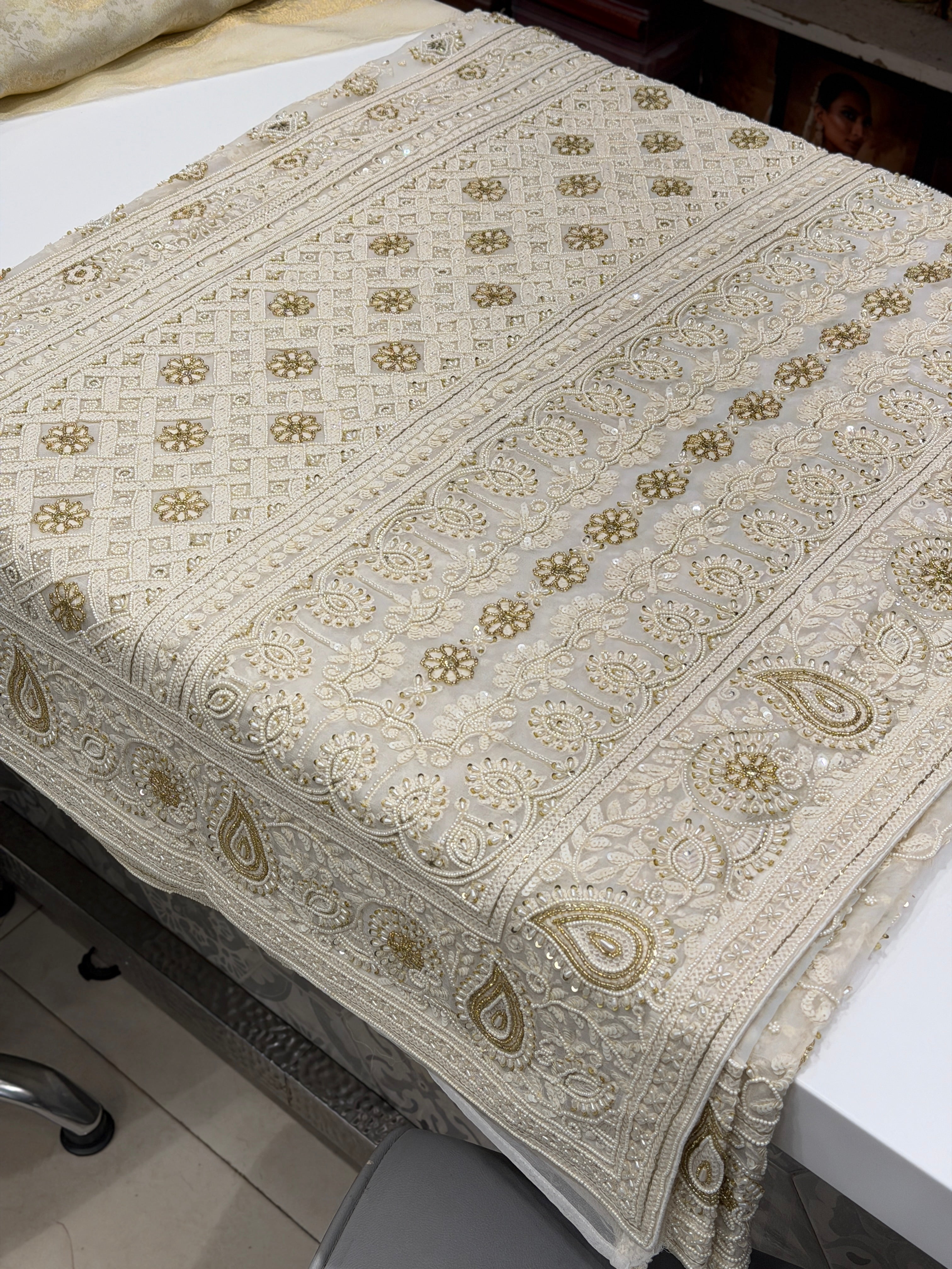 Moti White Georgette Chikankari Moti Sequin Hand Embroidery Saree