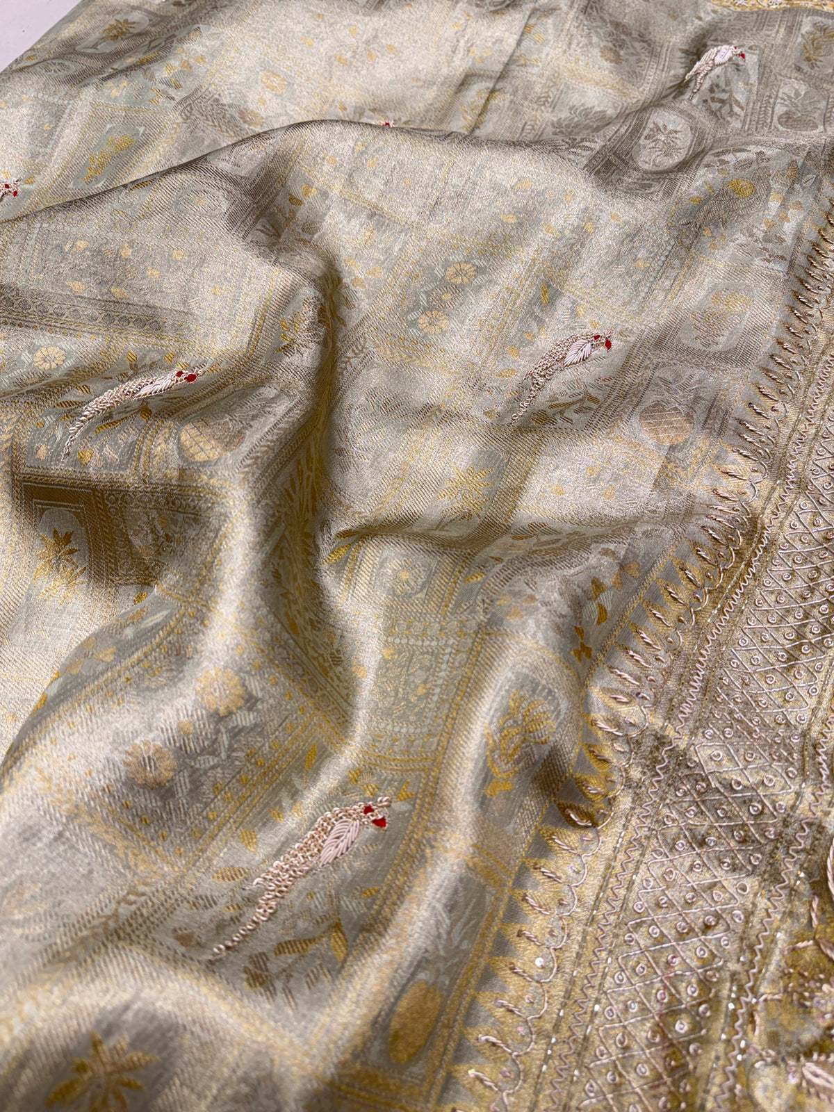Champagne Green Tissue Kanjivaram Zardosi Peacock Motif Hand Embroidery Saree