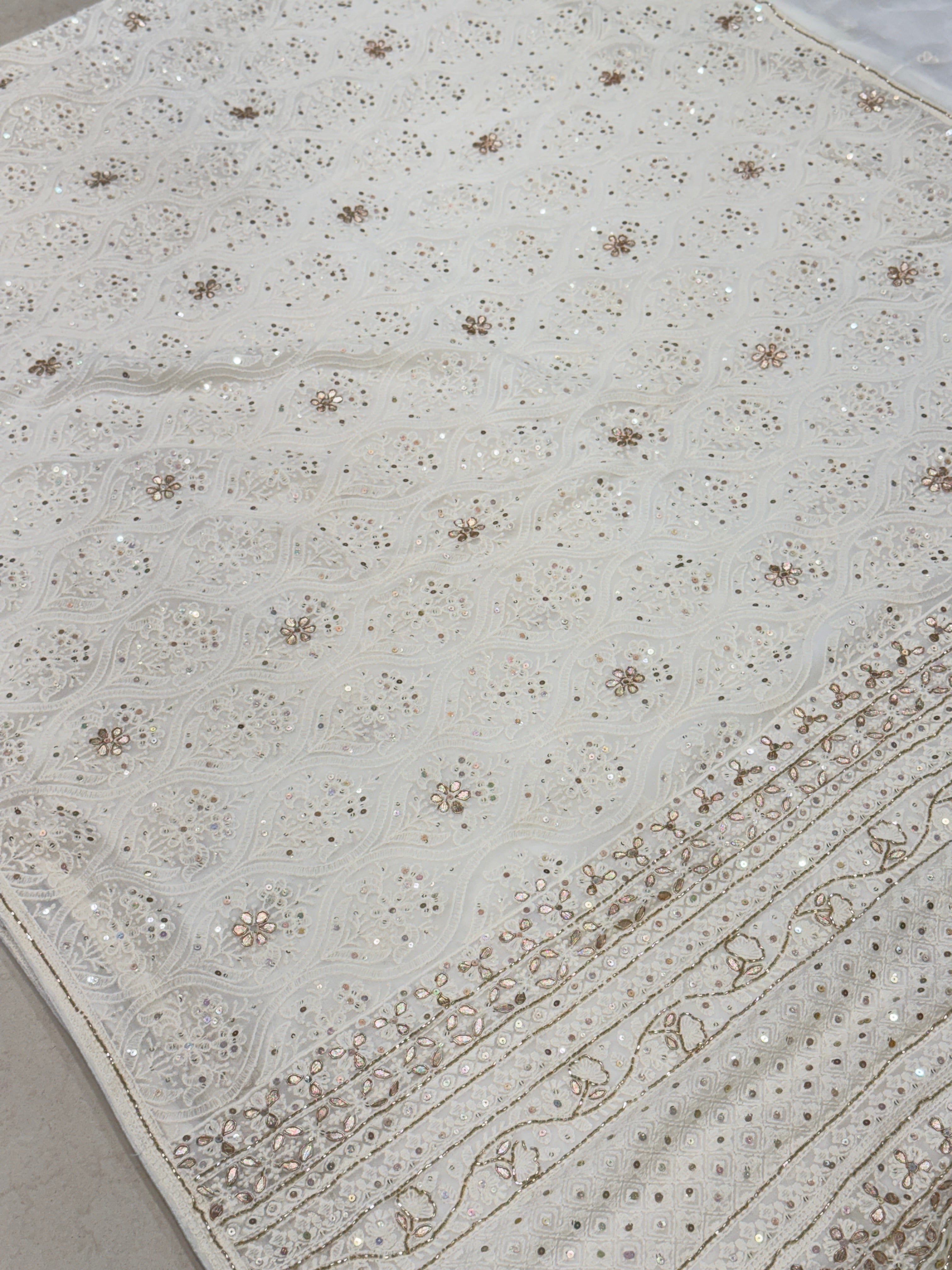 White Chikankari Badam Design on Georgette with Cutdana Hand Embroidery