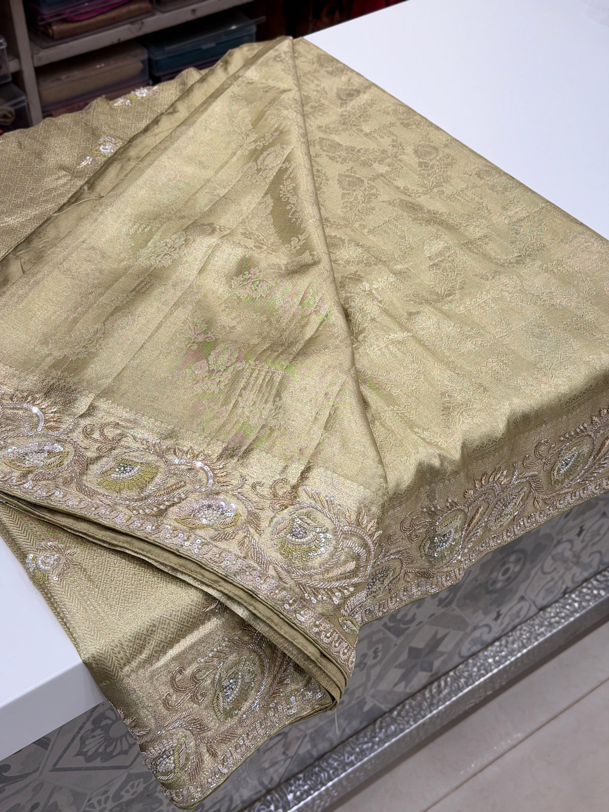 Golden Floral Jaal Kanjivaram Moti Zardosi Hand Embroidery Saree