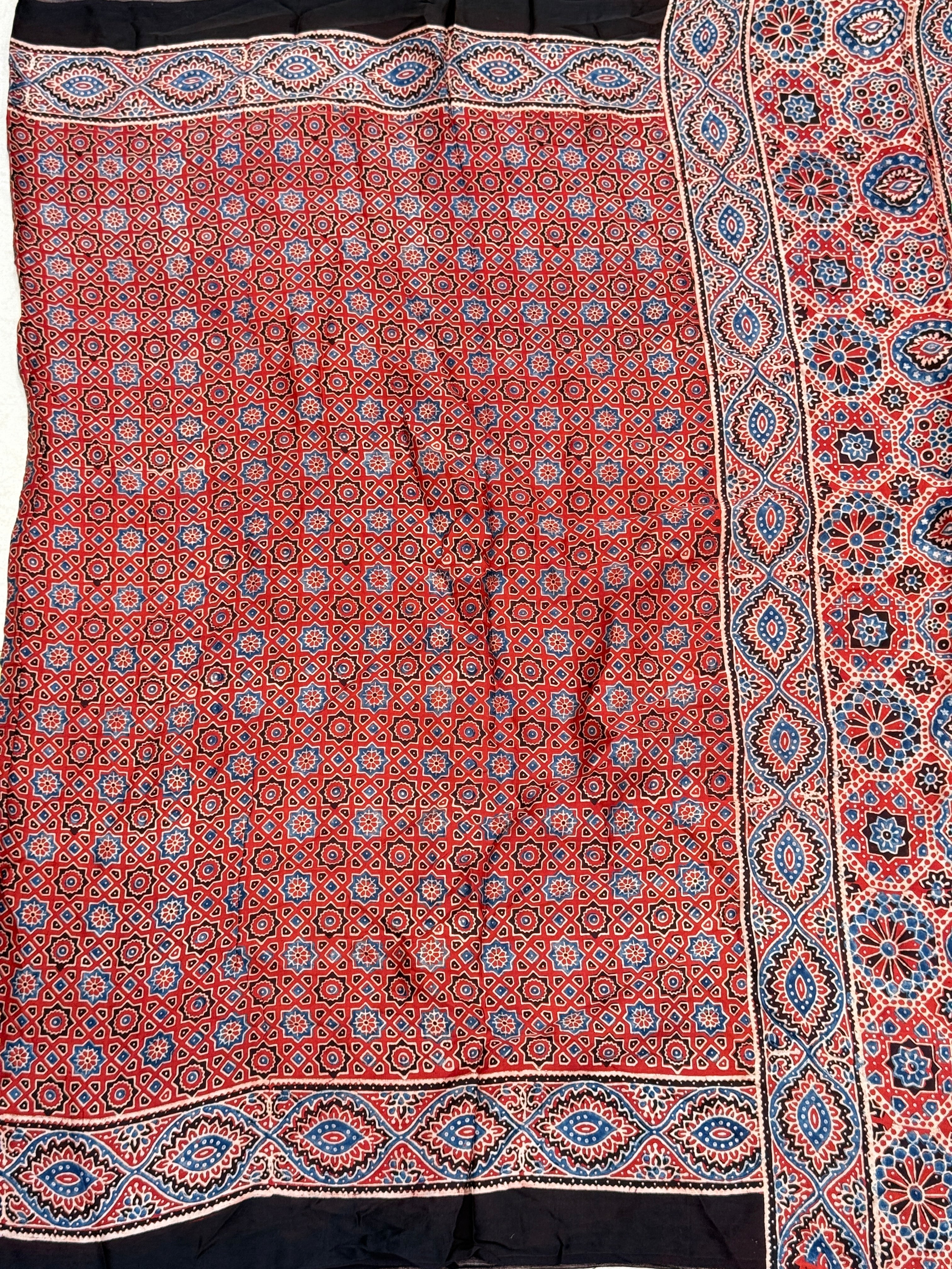 Red Star Butti Ajrakh Block Print Hand Pure Gajji Silk Saree