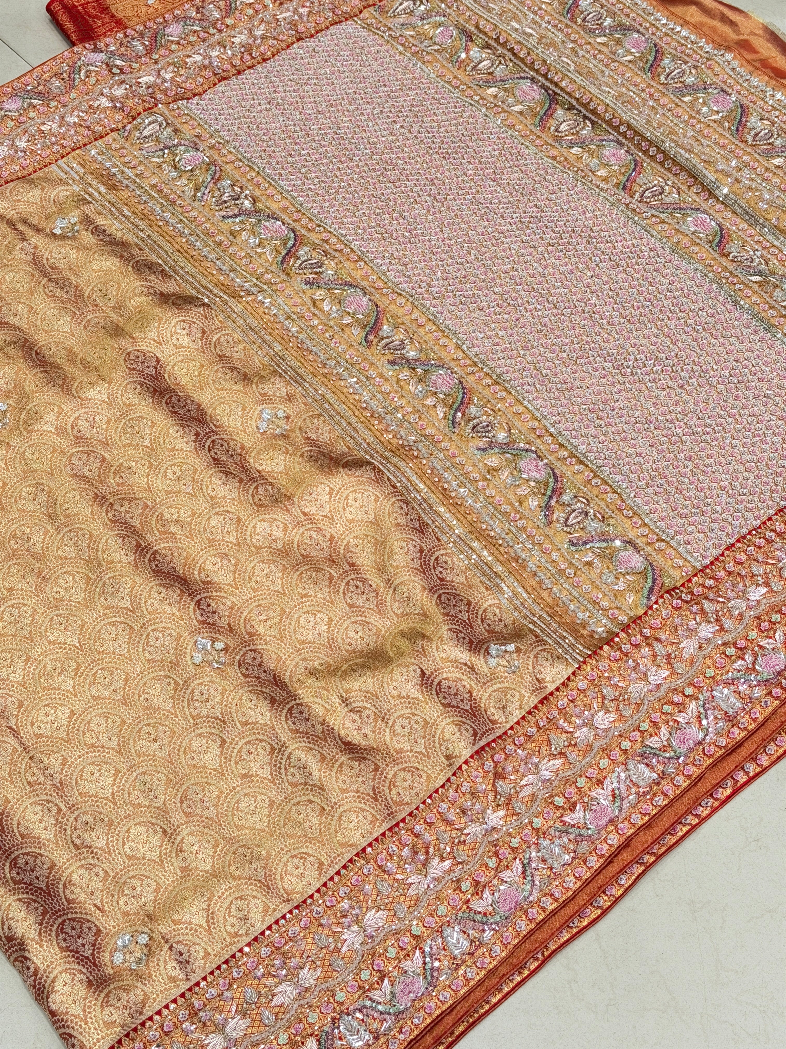 Red Jaal Tissue Kanjivaram Hand Embroidery Saree