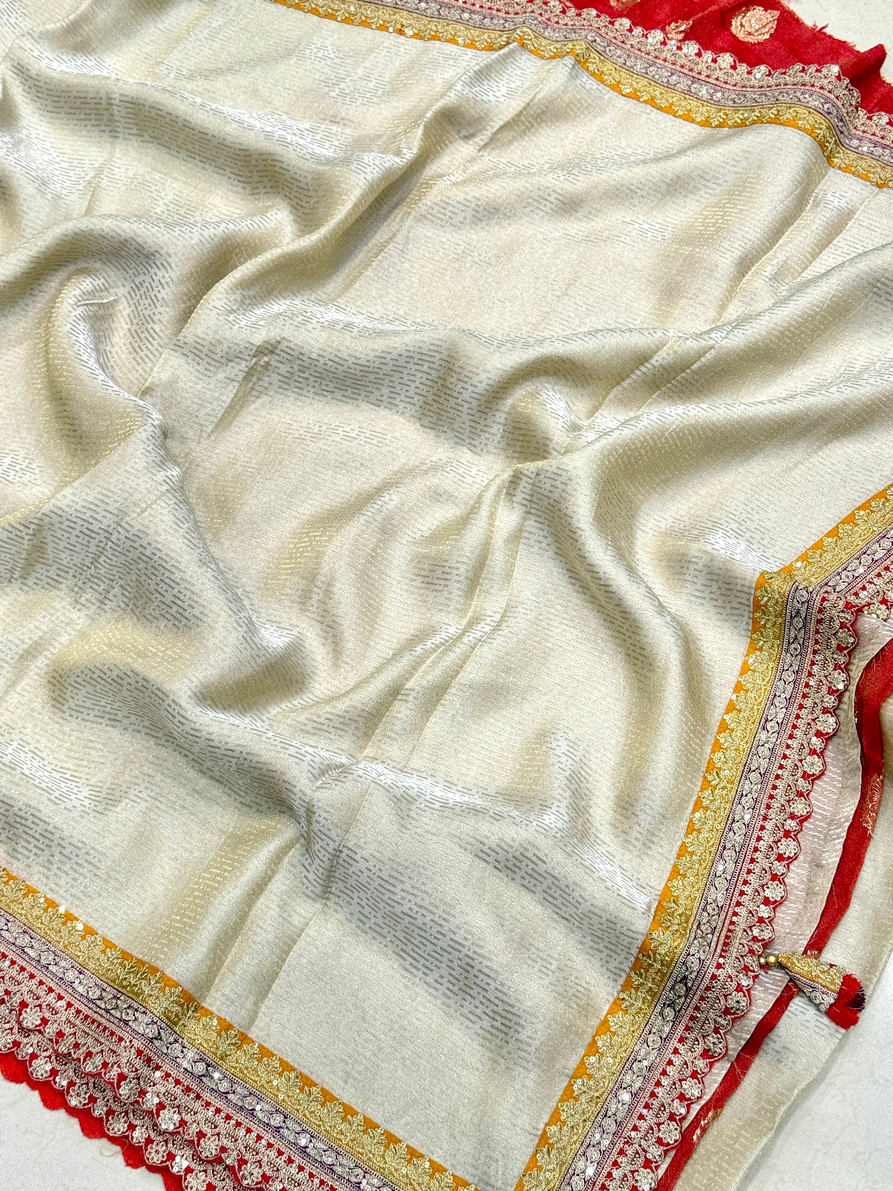 Crepe Tissue Weaved Contemporary Sabyasachi Inspired Red Border Saree