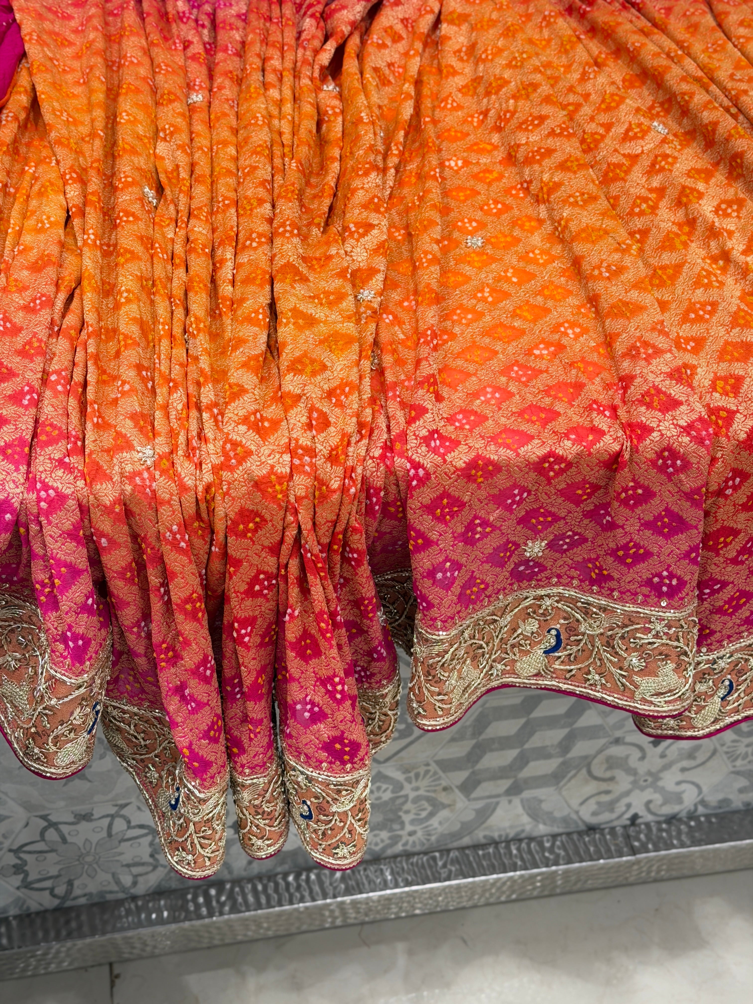 Orange Rani Shaded Meenakari Peacock Zardosi Hand Embroidery Saree