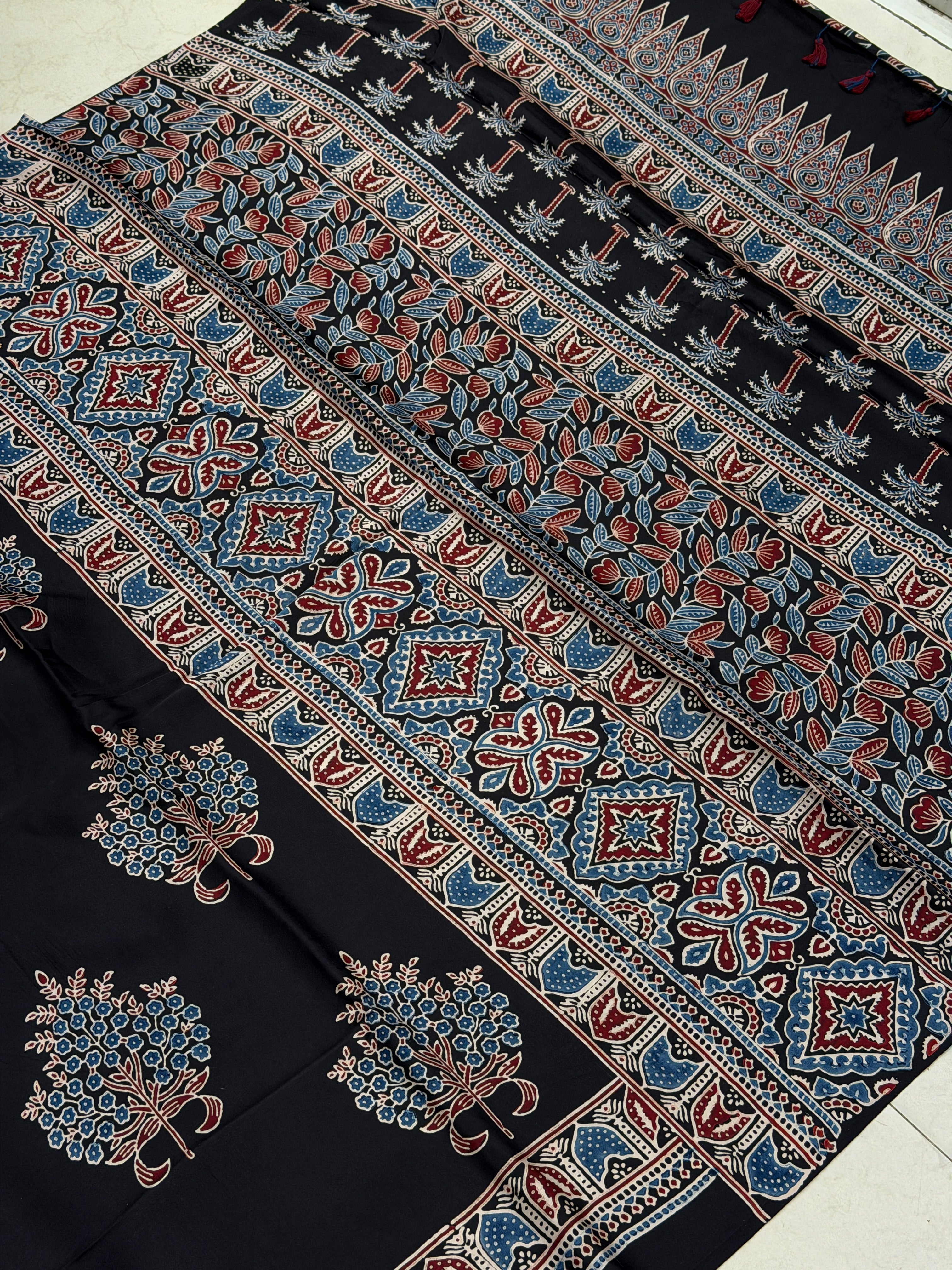 Cherry Blossom Butta Ajrakh Hand Block Print Pure Modal Silk Saree