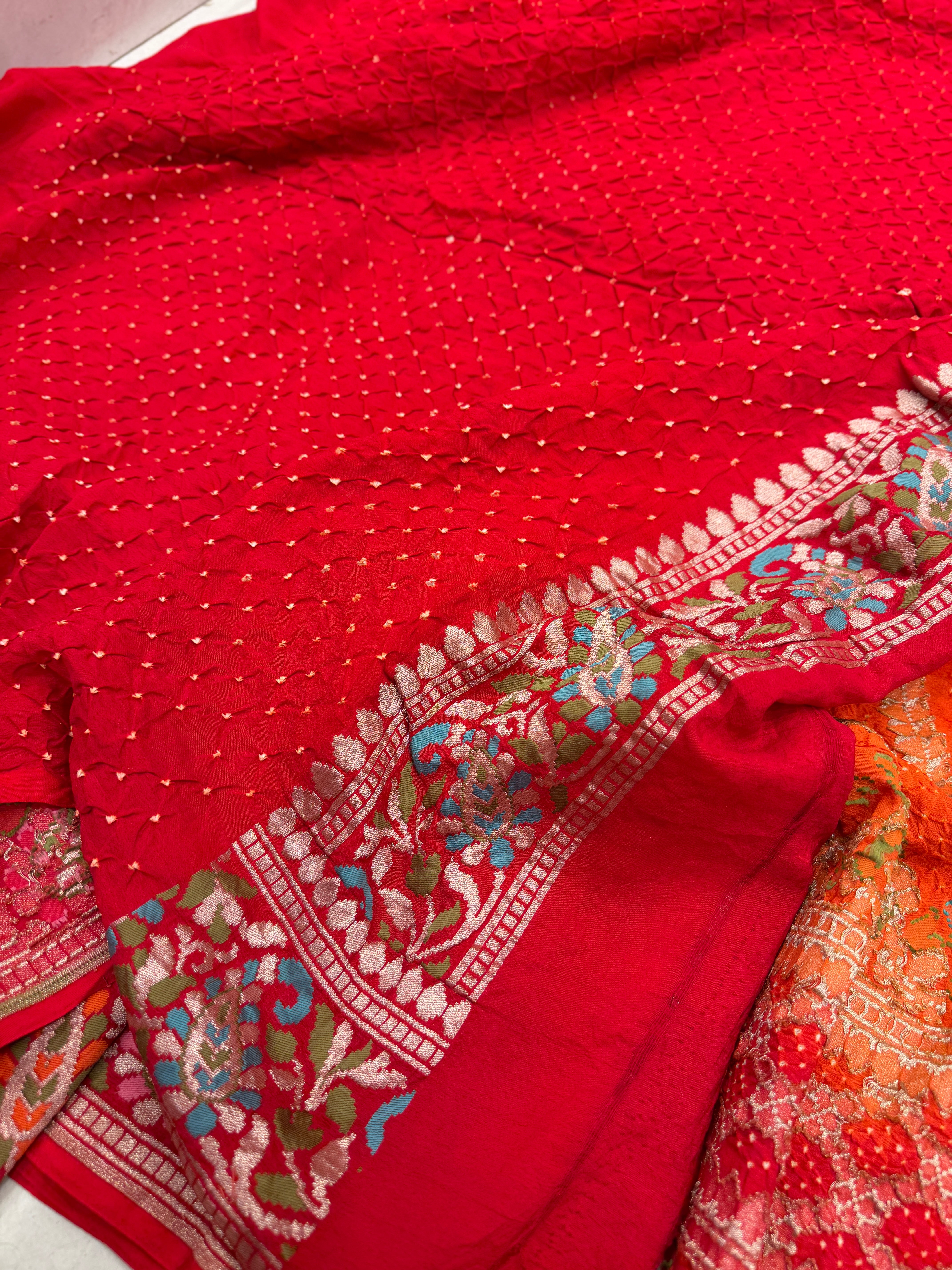 Orange Red Shaded Pashmina Style Double Border Meenakari Rai Bandhej Georgette Saree
