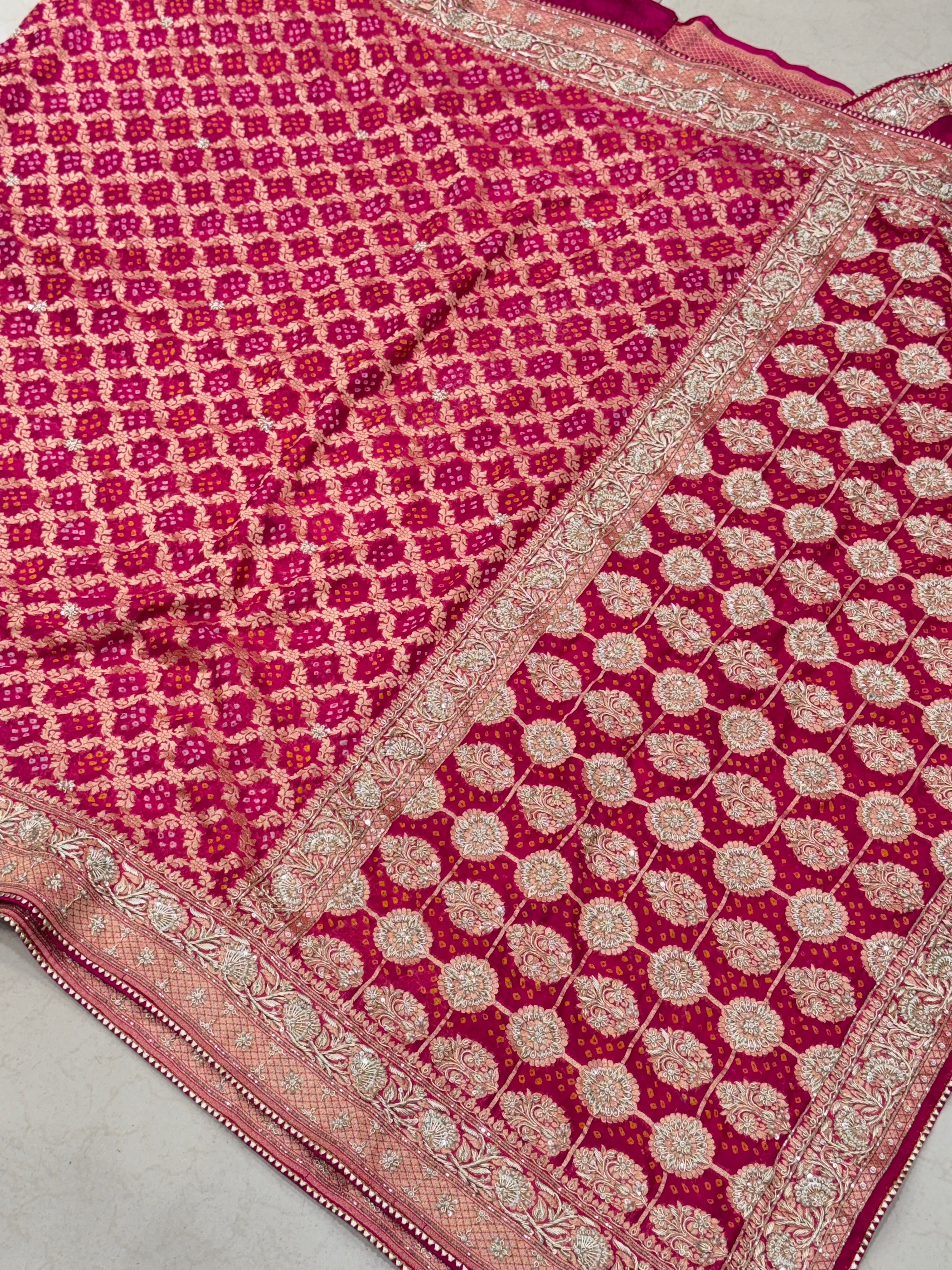 Rani Bandhej Zardosi Hand Embroidery Saree