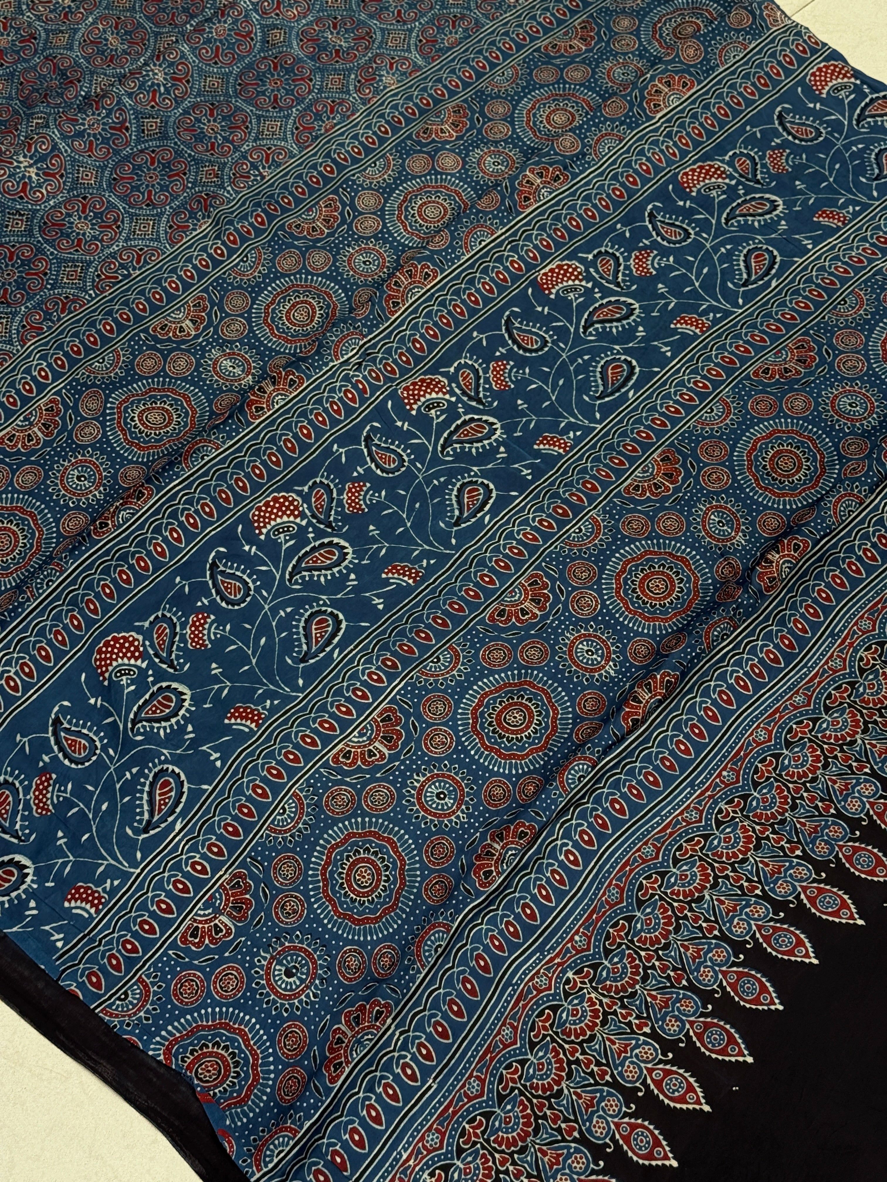 Blue Circle Badam Jaal Ajrakh Block Print Hand Pure Gajji Silk Saree